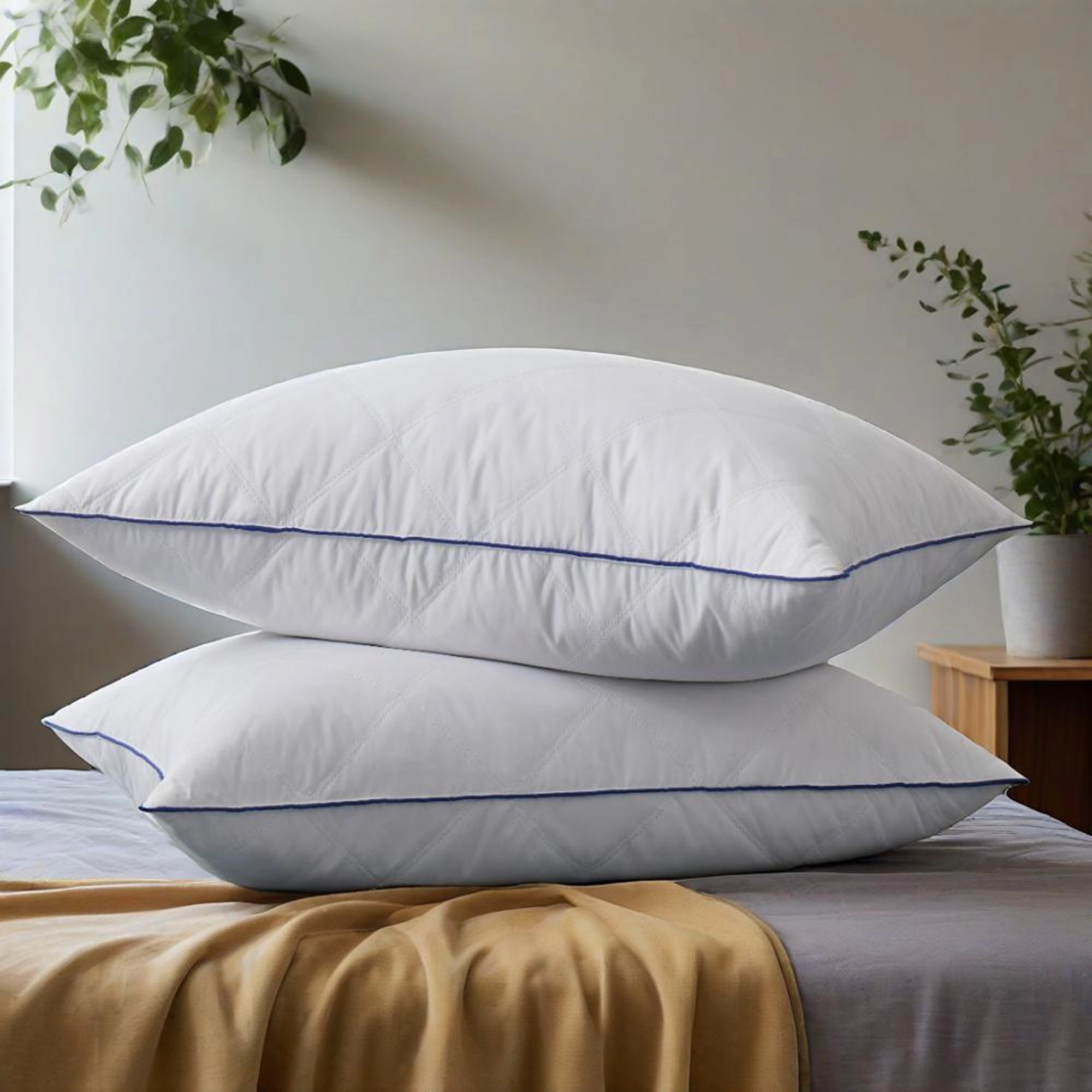 Unikome Diamond Quilted Goose Feather Pillow Set of 2, Navy Piped Hotel Support Bed Pillows