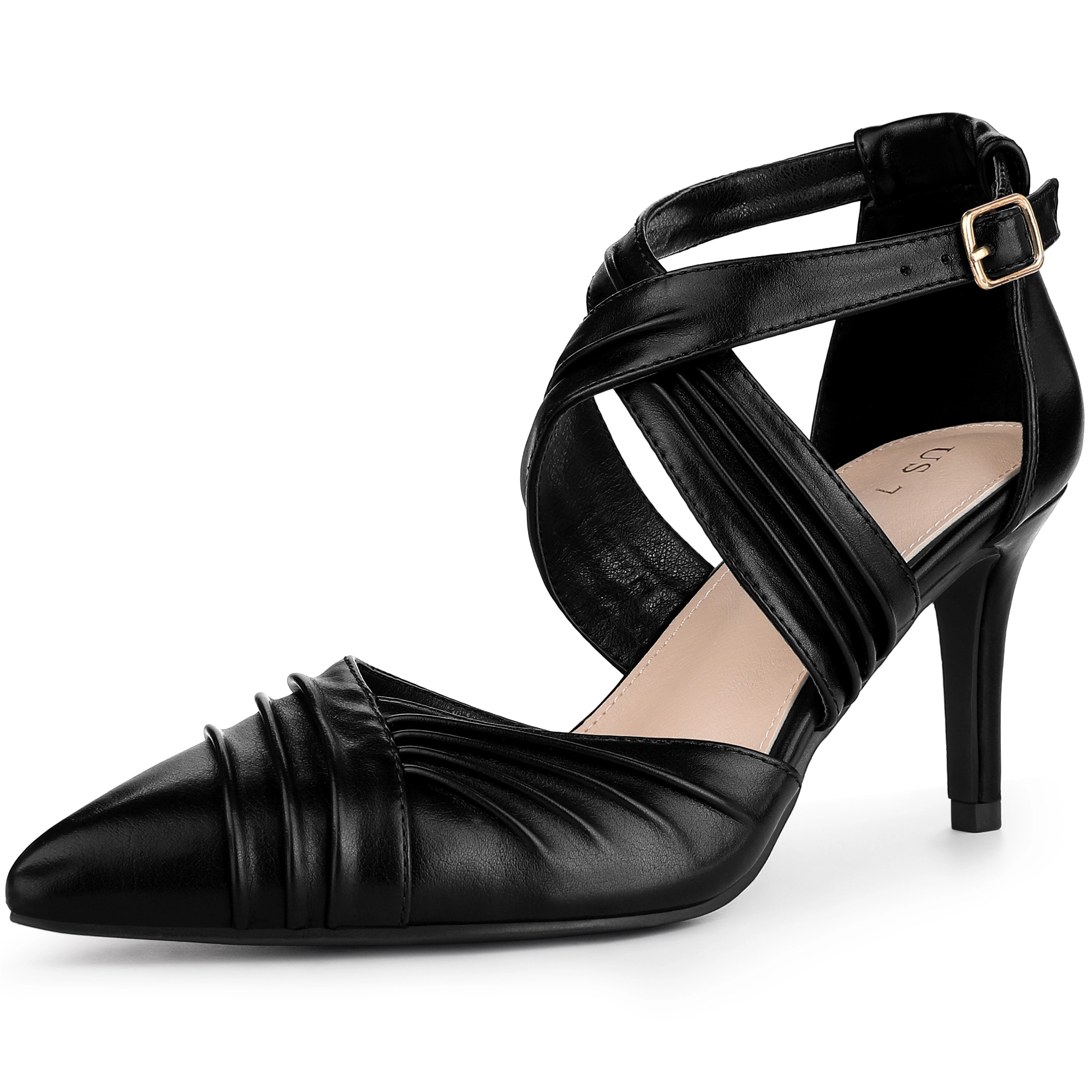 BLISSFUL STEP Women Slouches Cross Strap Pointed Toe Stiletto Heels Pumps