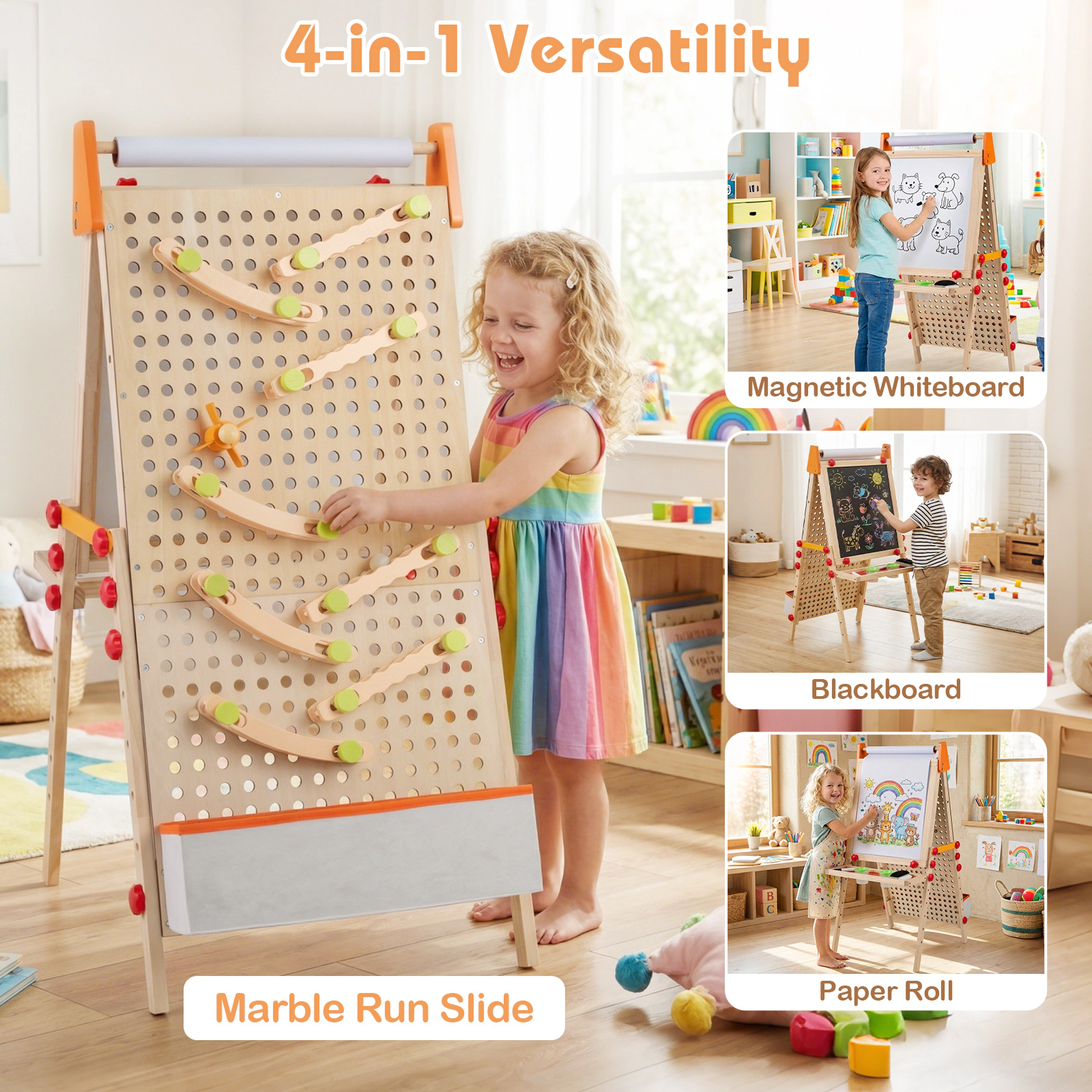 SUGIFT 4-in-1 Wooden Kids Art Easel Double-Sided Foldable with Paper Roll Storage Tray and Marble Run Ages 3+ Natural