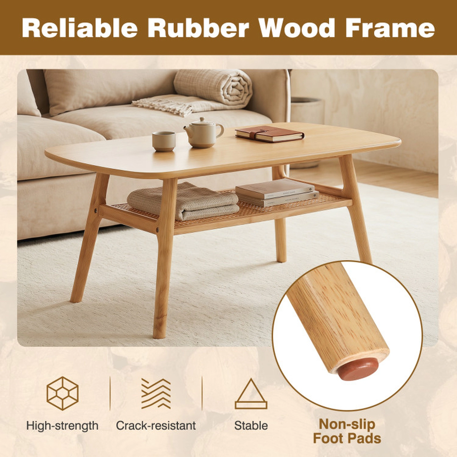 SUGIFT 39.5-in 175-lb Capacity Natural Wood Veneer Boho Rattan Coffee Table with Rounded Corners and Edges