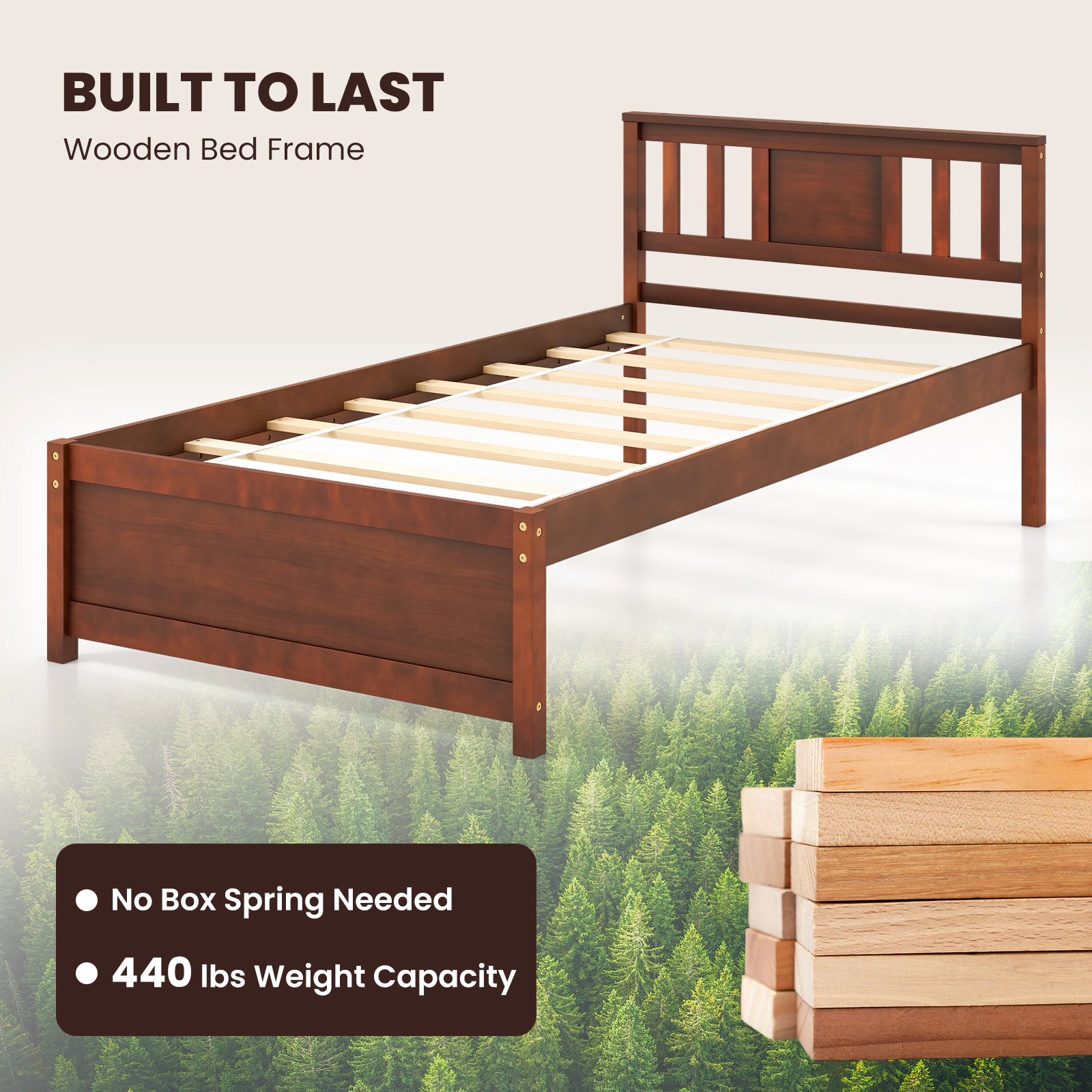 SUGIFT Wooden Twin Platform Bed Frame with Headboard and Slat Support 440-lb Capacity 79.5-in Frame Walnut Finish