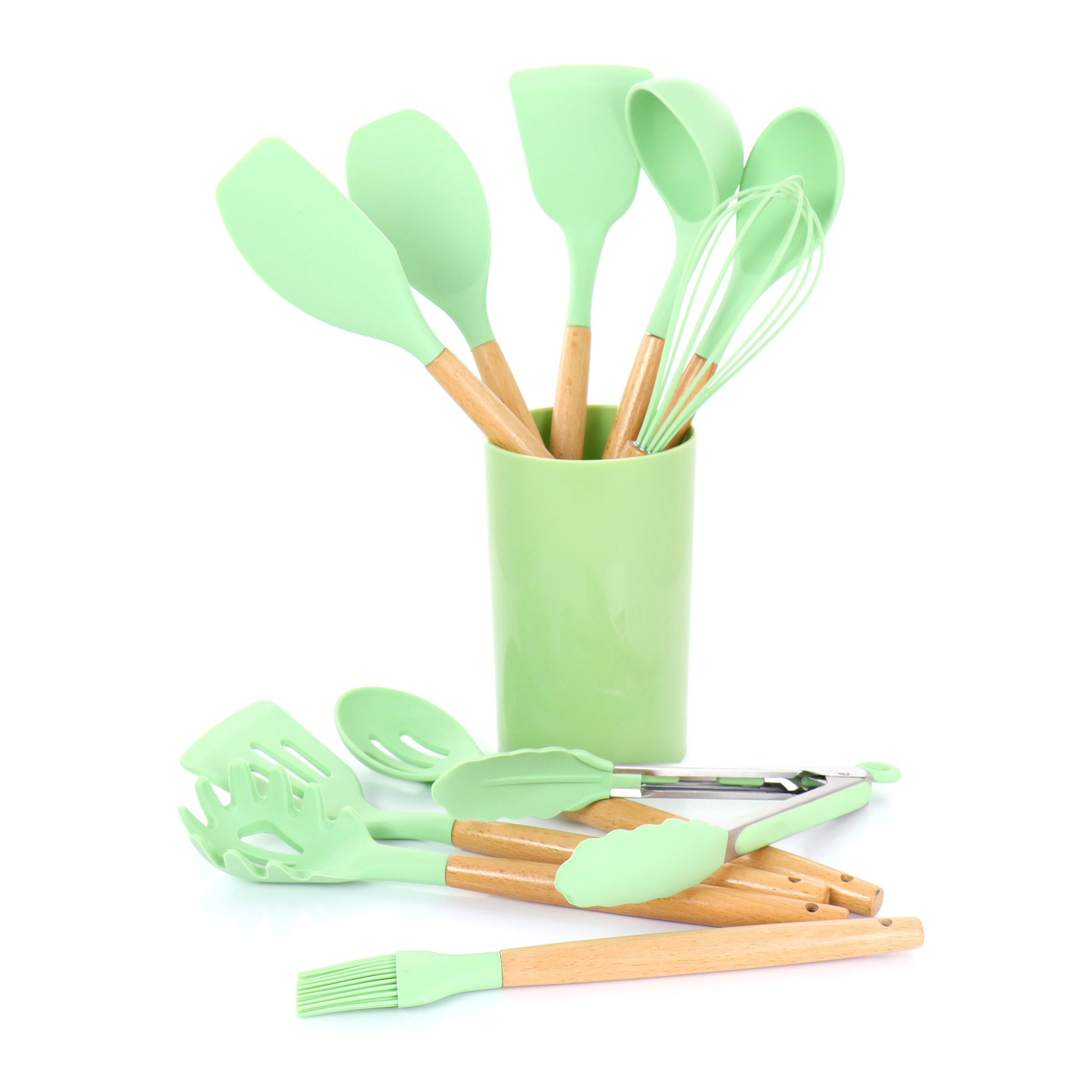 MegaChef Mint Green Silicone and Wood Cooking Utensils, Set of 12