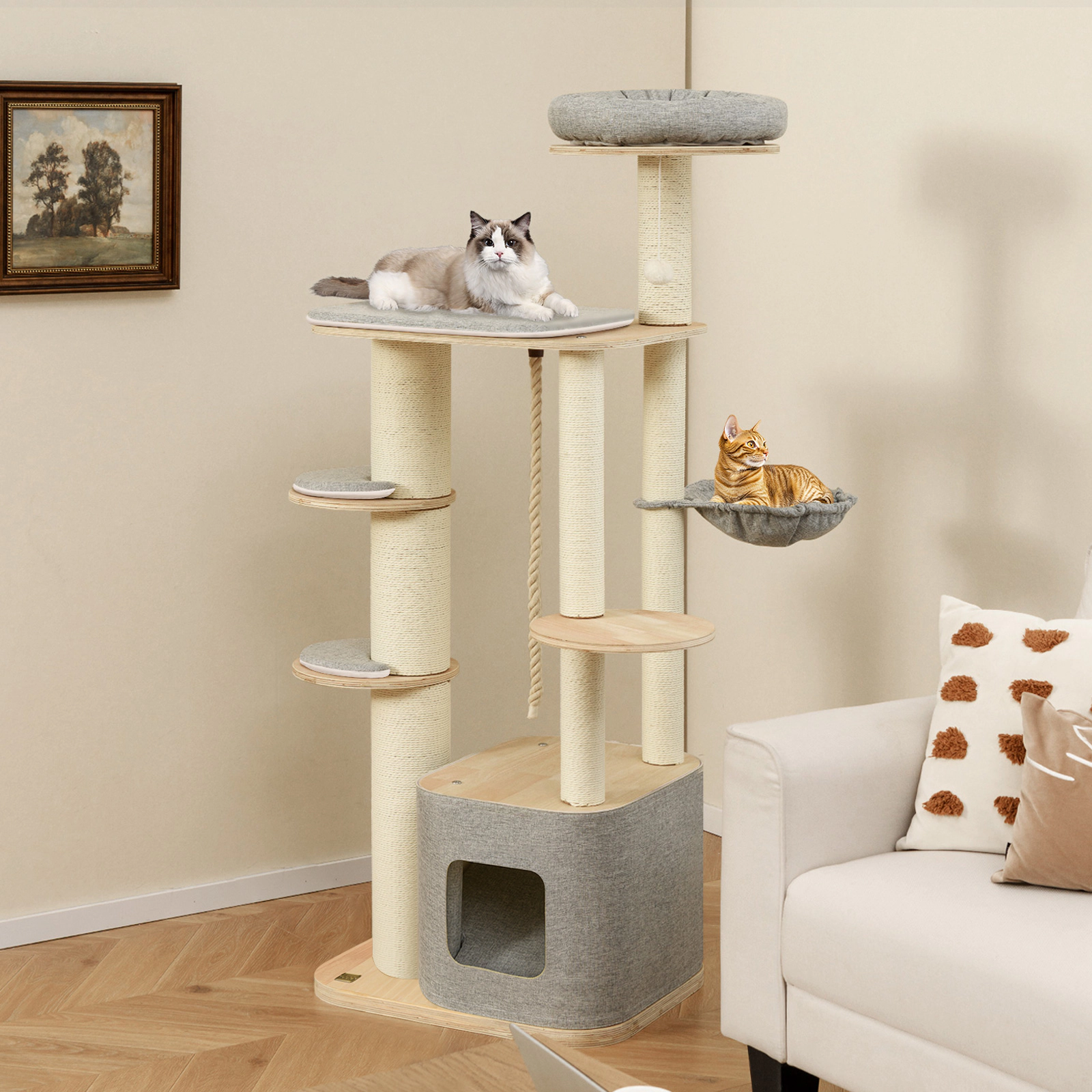 Glintex 63-Inch Cat Tower with Detachable Condo Wall Linen Cushions and Hammock, Natural