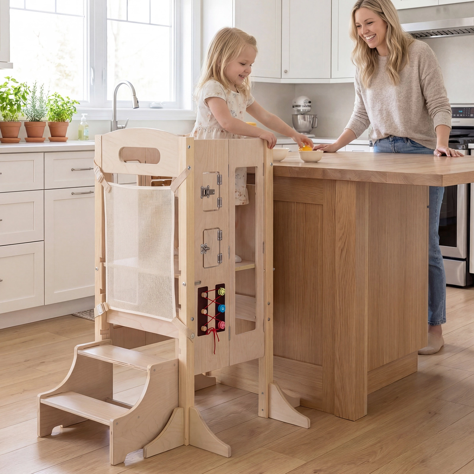 SUGIFT 3-in-1 Foldable Wooden Toddler Standing Tower with 2-Step Stool 110-lb Capacity Ages 3+ Natural