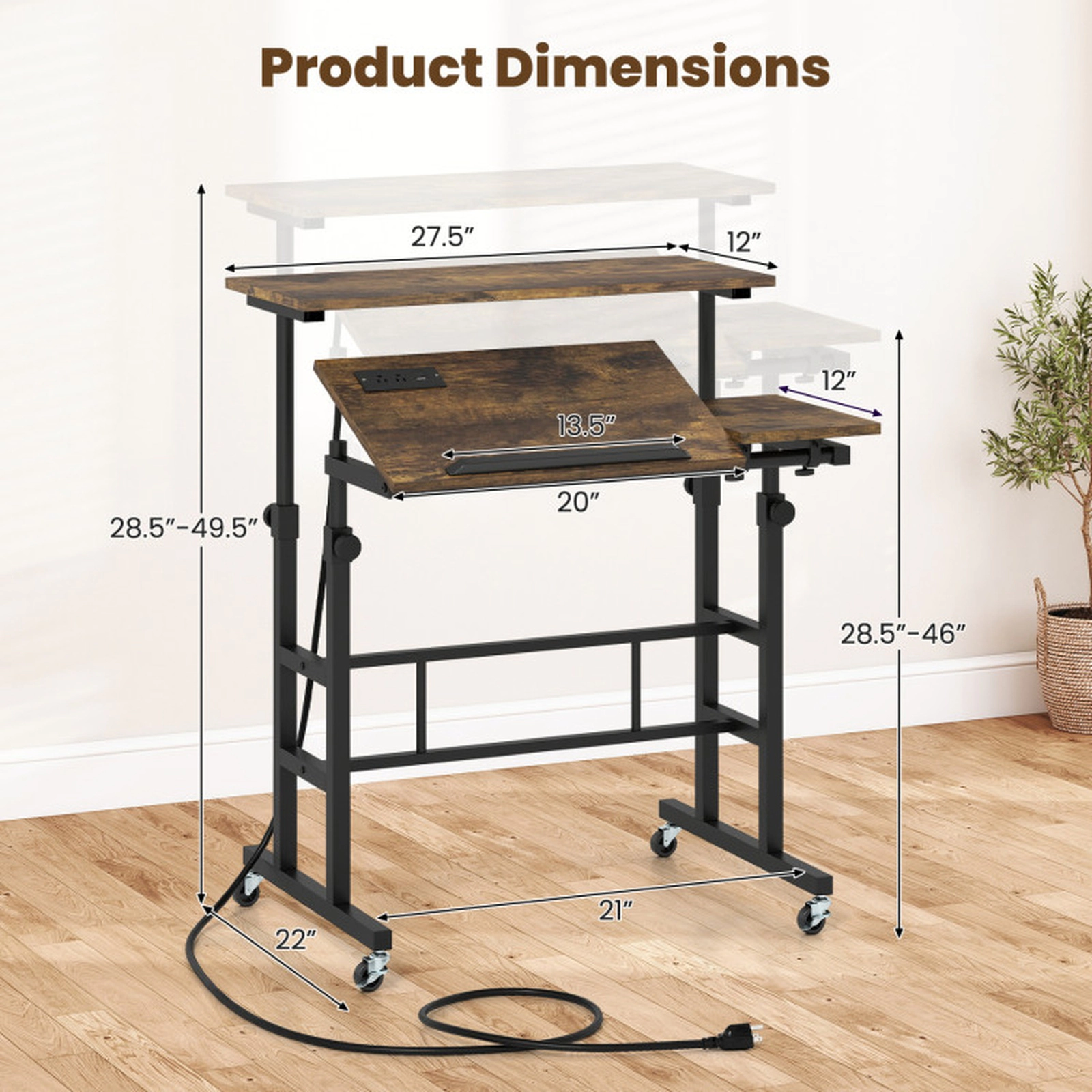 SUGIFT Rustic Brown Power Outlets and Rolling Laptop Cart Height Adjustable Mobile Standing Desk