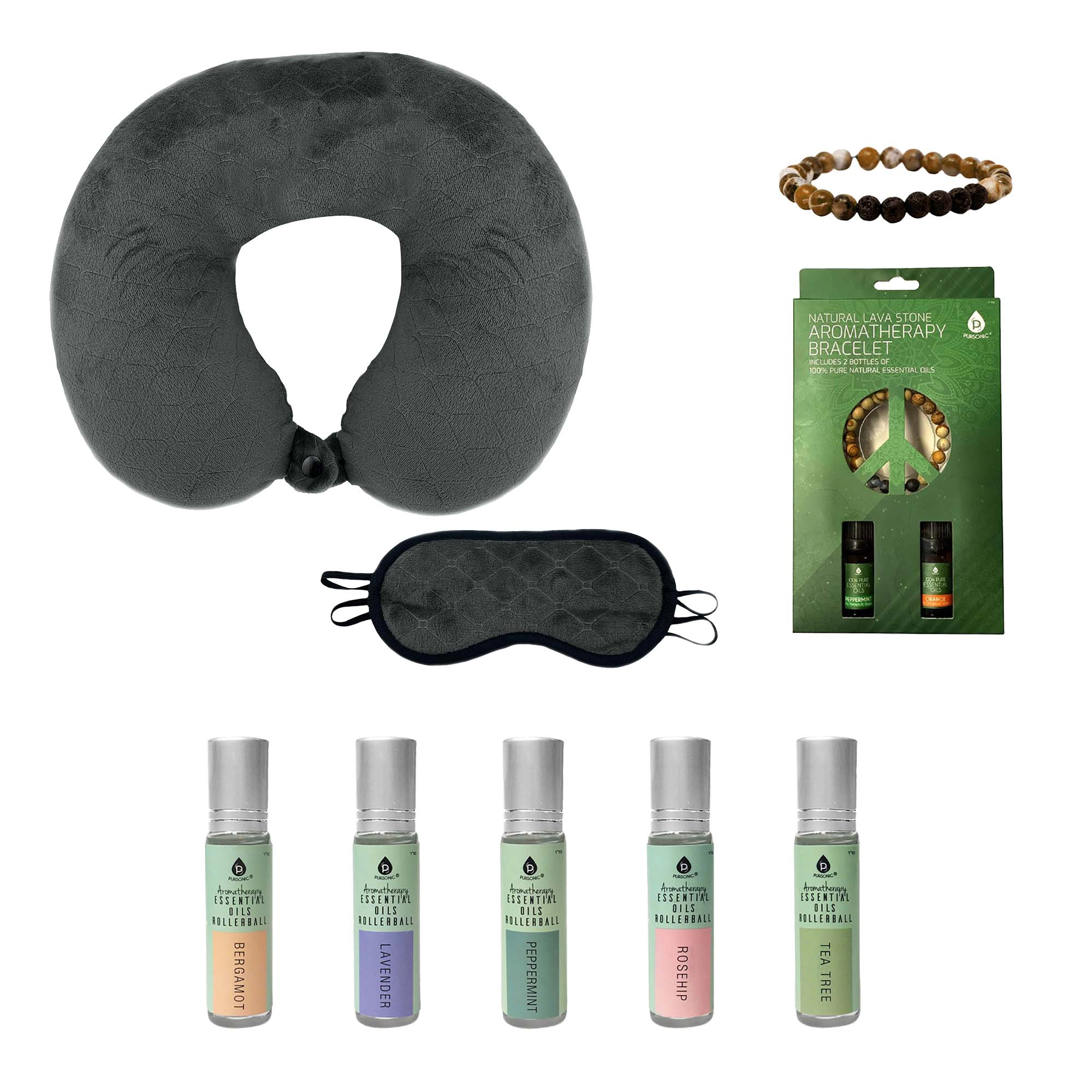 Pursonic Unisex Sleep Serenity Set: Essential Oil Rollerballs, Lava Bracelet & Memory Foam Pillow with Sleep Mask