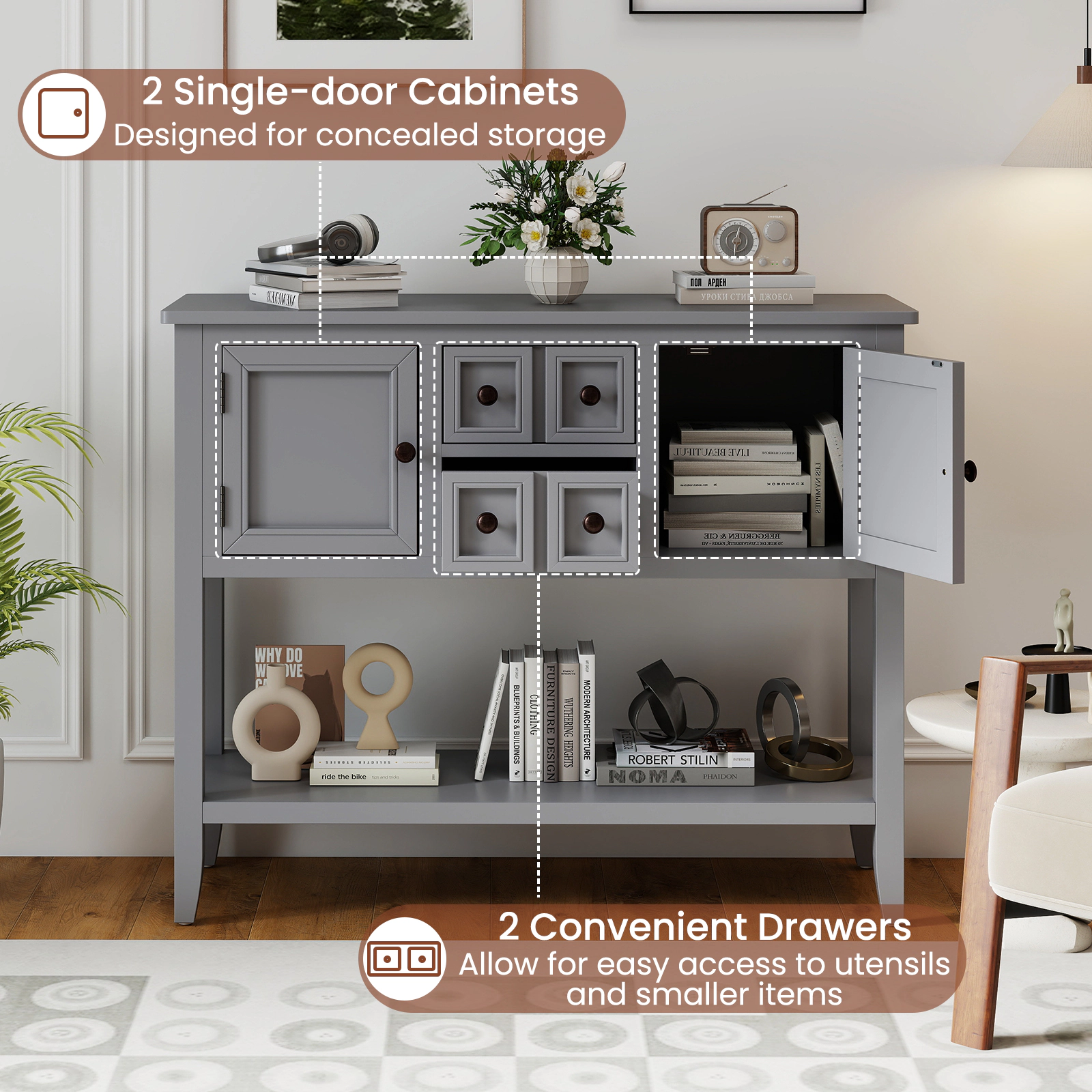 Glintex 42-Inch Buffet Cabinet with Pine Legs and Open Bottom Shelf