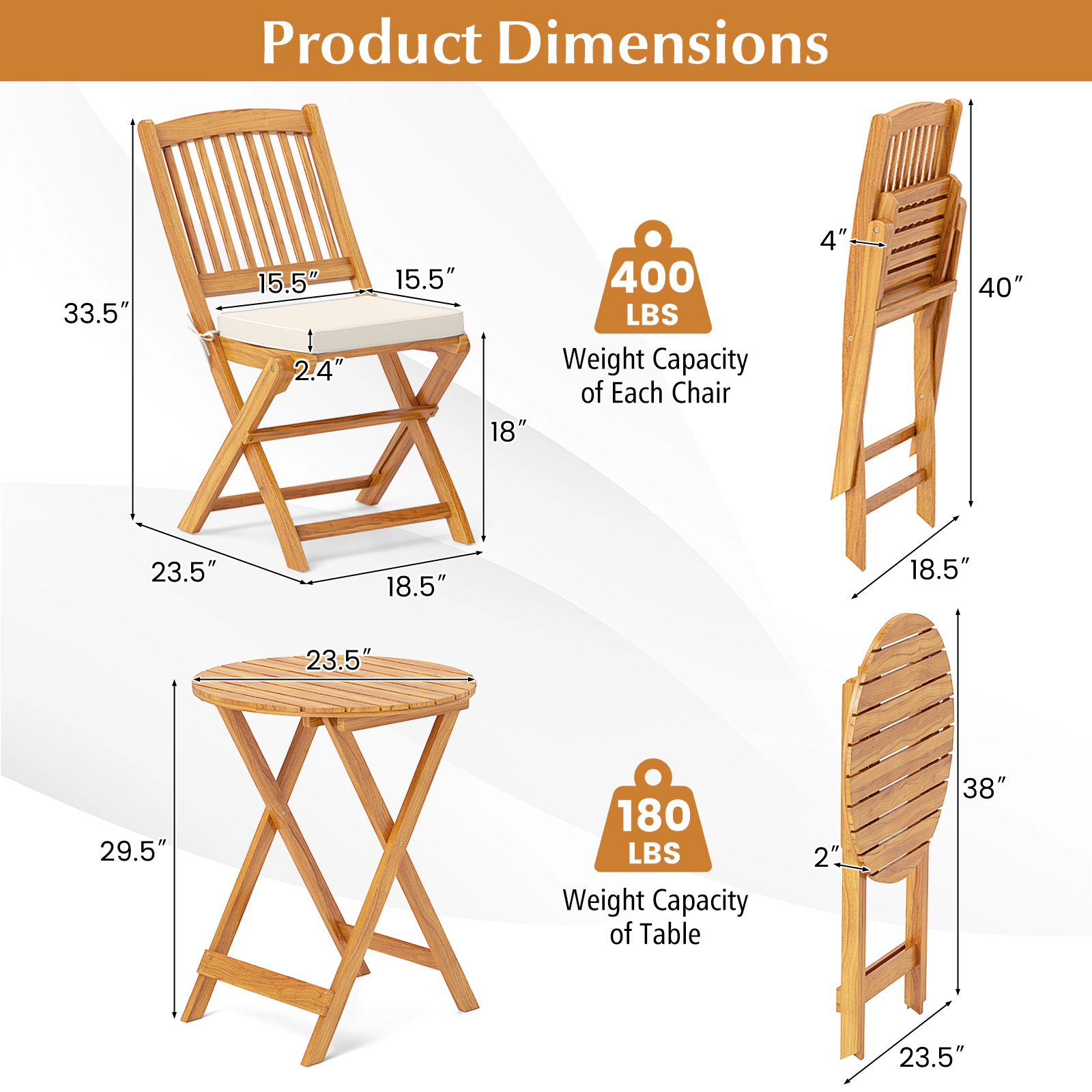 LJG 3 Pieces Acacia Wood Patio Folding Bistro Set with Soft Cushions