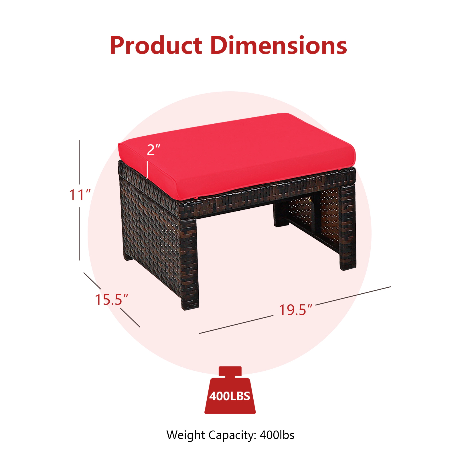 SUGIFT Set of 2 355-lb Capacity Mix Brown PE Rattan Patio Ottomans with Red Water-Resistant Cushions