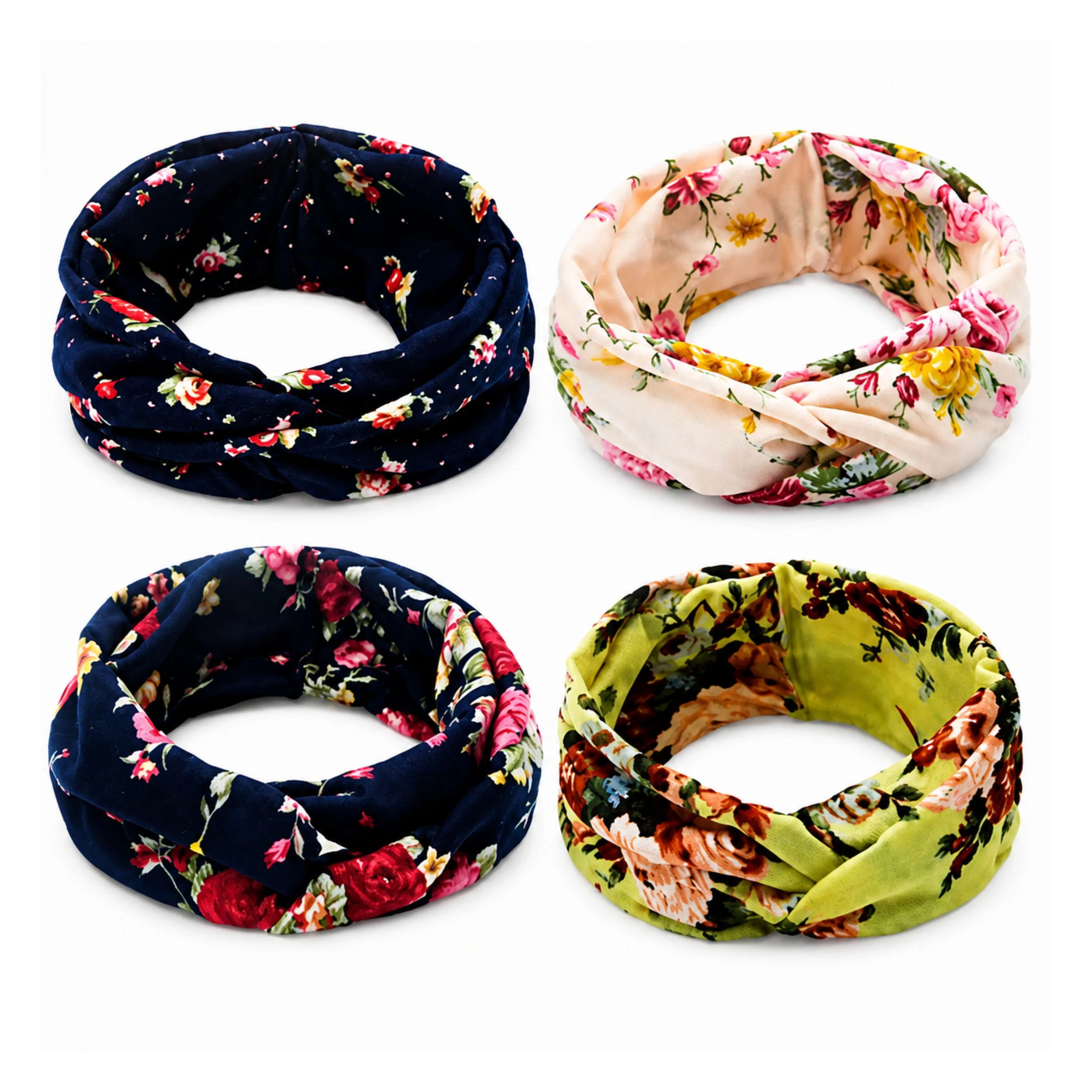 Home Collection Pack of 4 Floral Turban Headbands for Women Wide Elastic Hair Bands