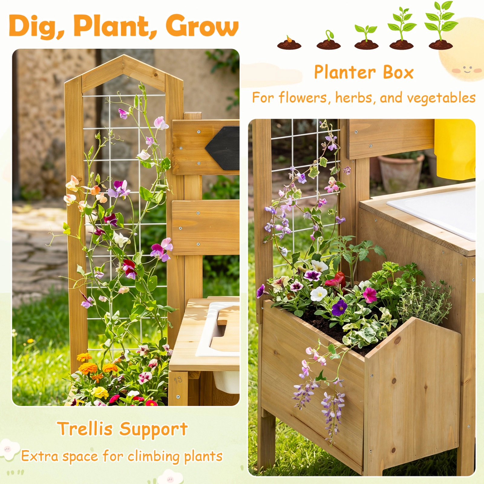 SUGIFT Fir Wood Mud Kitchen for Kids with Detachable Bird Cage, Stoves and Planter Box Ages 3+ Natural