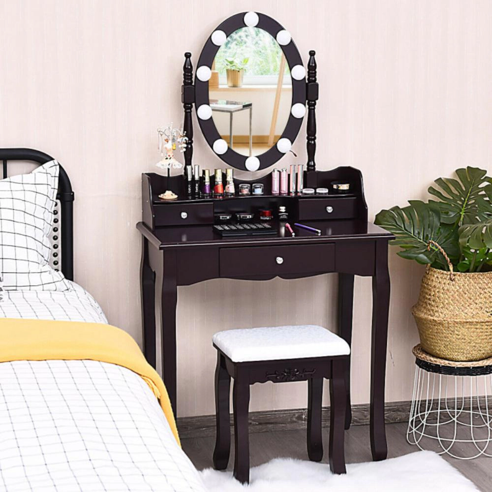 Hivvago Oval Mirror Vanity Set With 10 Led Dimmable Bulbs And 3 Drawers