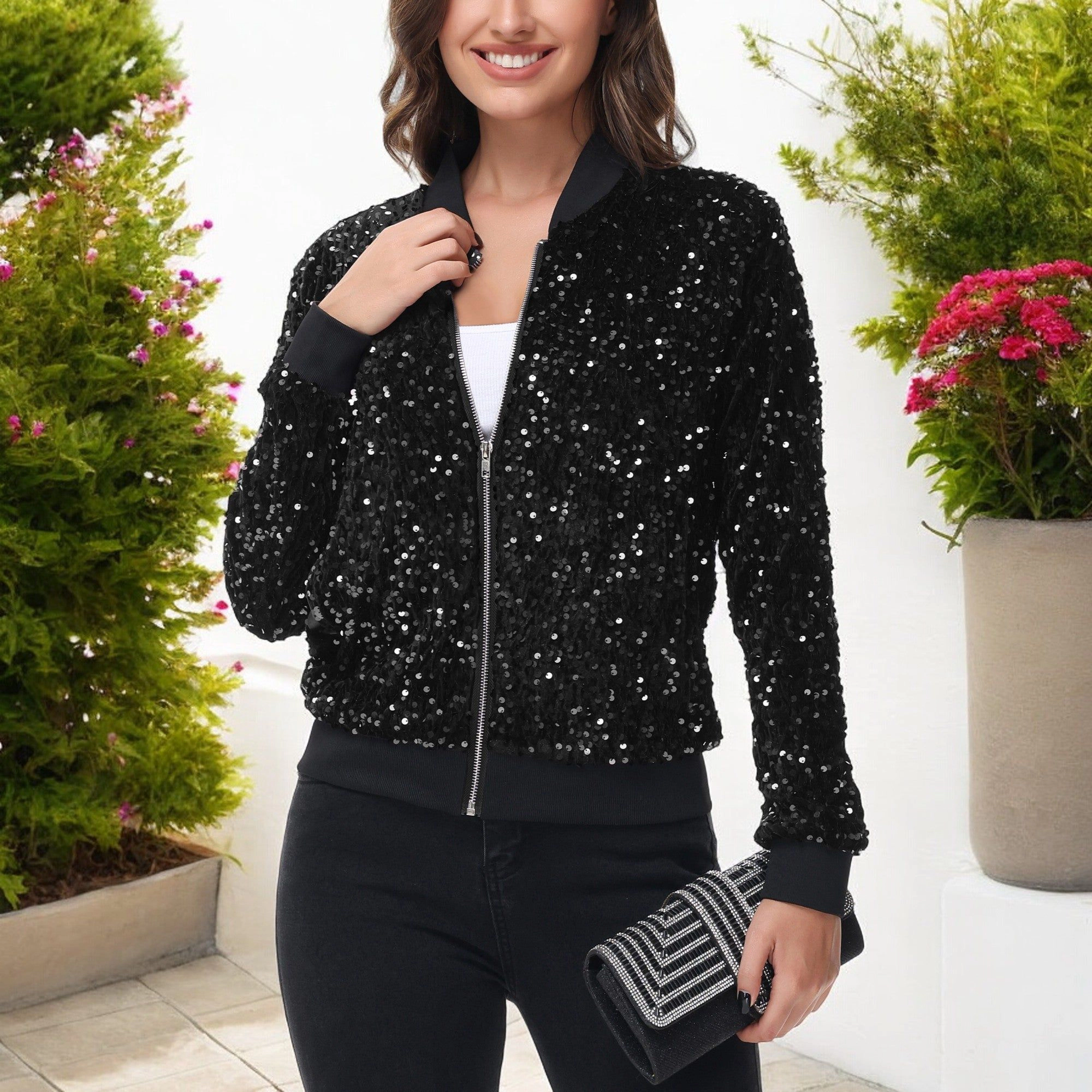 Anna-Kaci Women's Sequin Bomber Jacket Zip Front Ribbed Cuffs and Hem Pockets