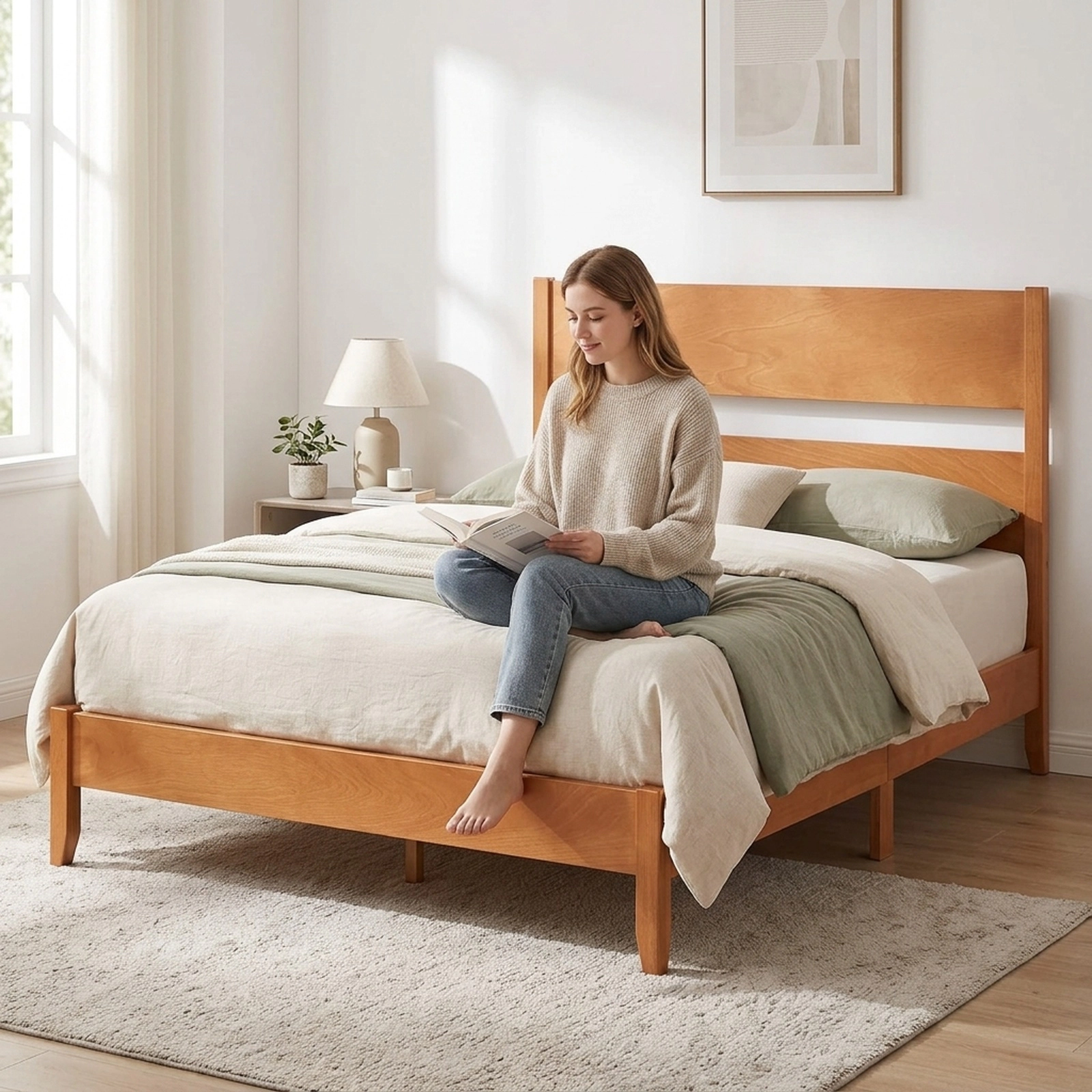 SUGIFT Full Wood Platform Bed, Panel Headboard and Footboard, 800-lb Capacity, Warm Brown