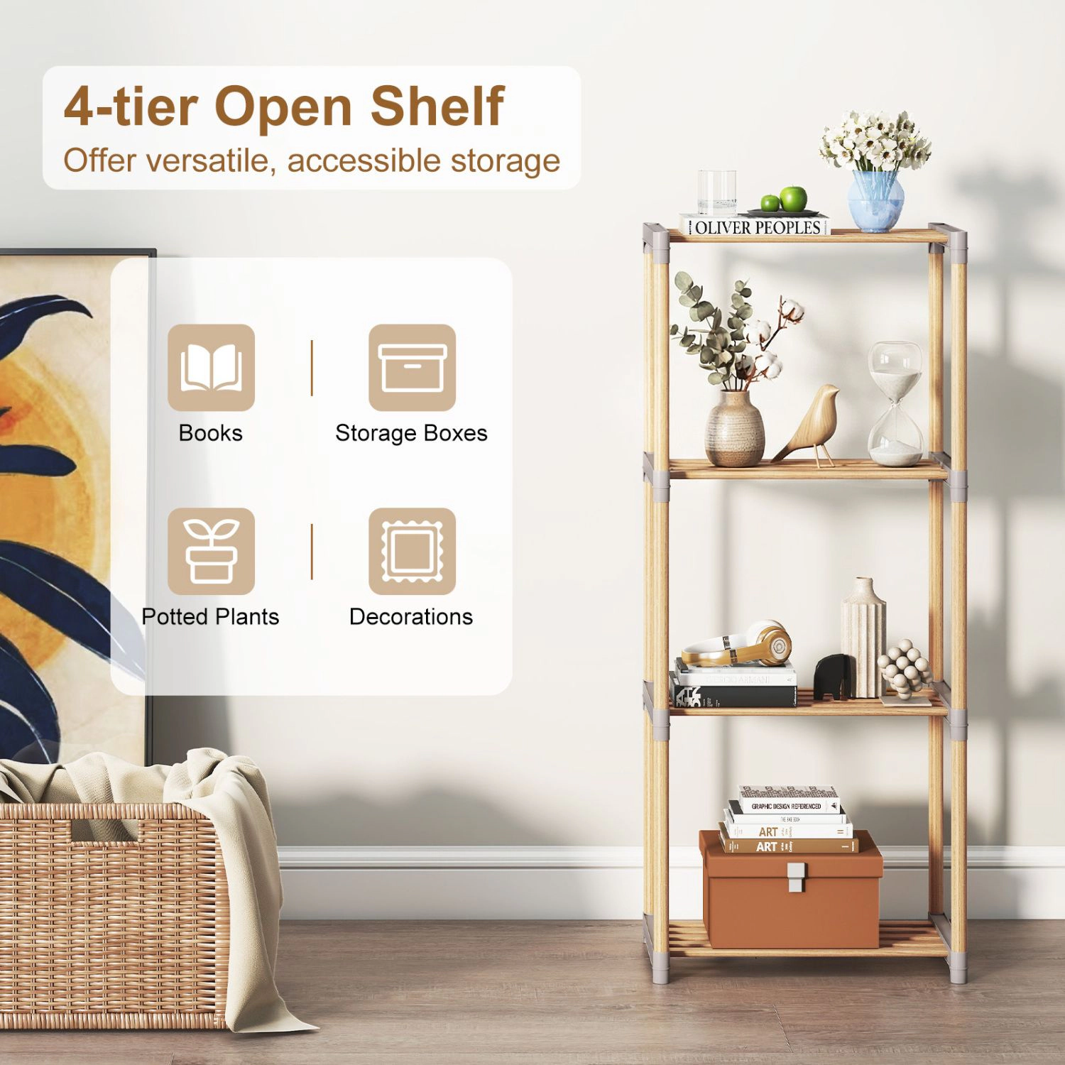 SlickBlue Pine Wood Bookshelf, 4/5-Tier Open Storage Display Rack