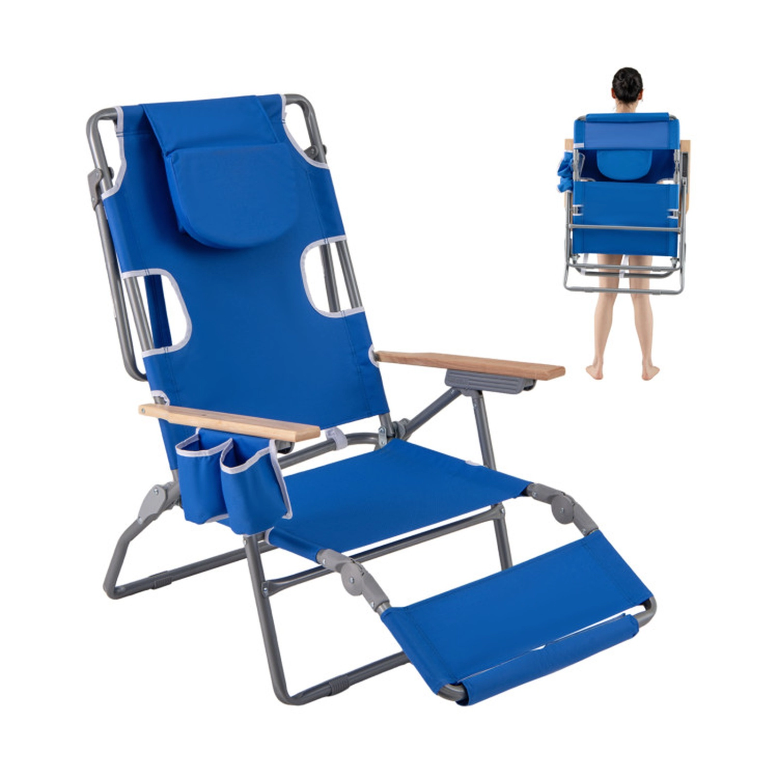 SUGIFT 3-in-1 Foldable Beach Chair with Adjustable Backrest and Footrest 330-lb Capacity Navy