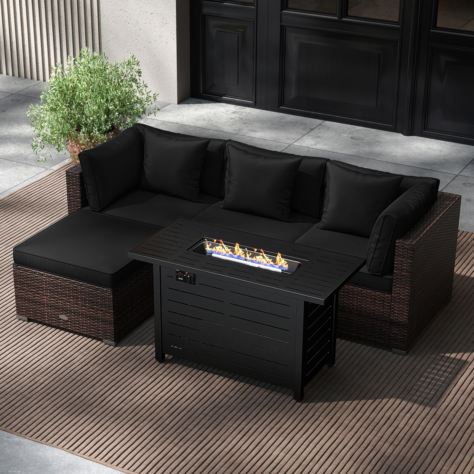 LJG Heavy-duty Frame Rattan Sofa Set with 60000 BTU Firepit Table