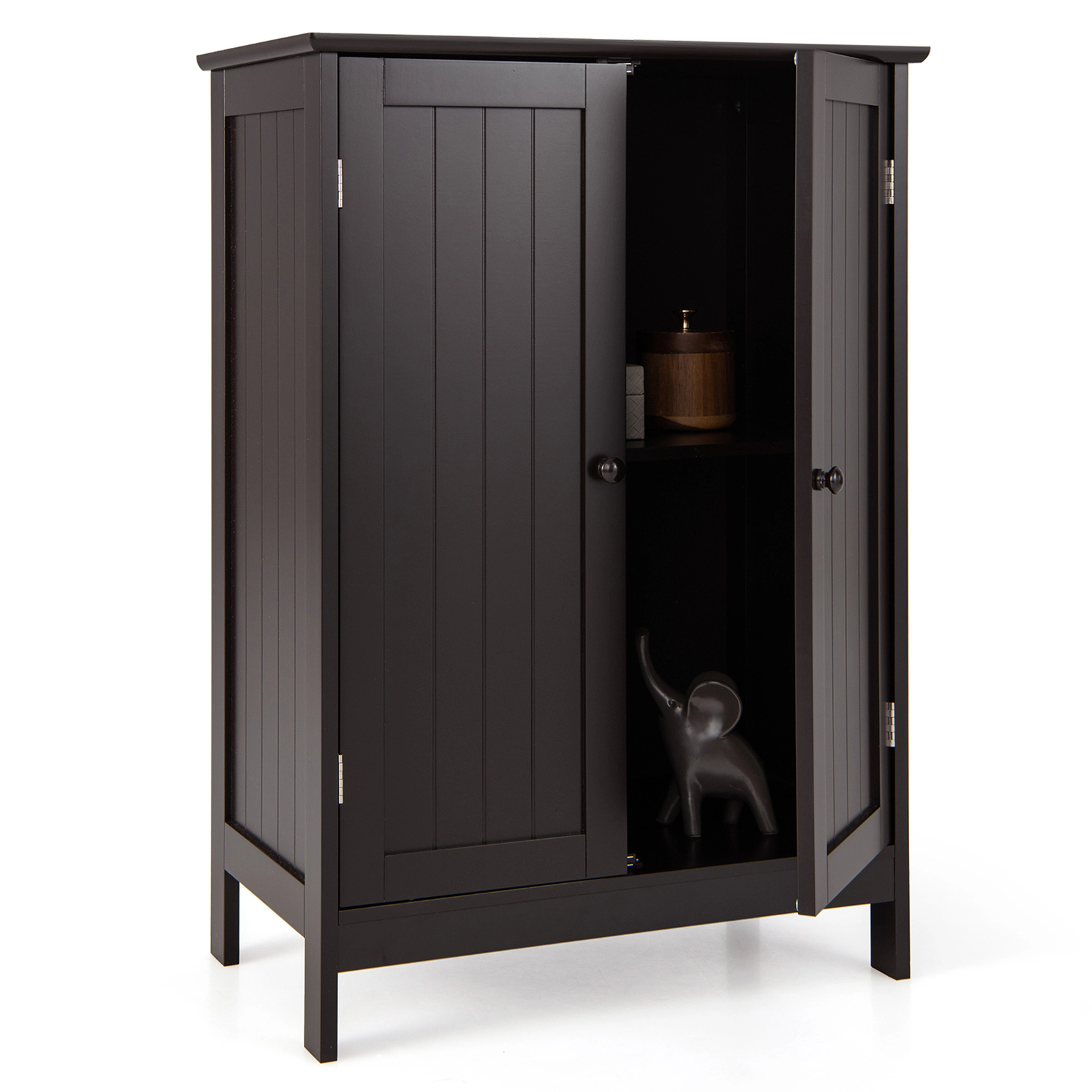 SUGIFT Bathroom Floor Storage Double Door Cupboard Cabinet 34.5-in Tall 22-lb Shelf Capacity 176-lb Top Capacity Brown