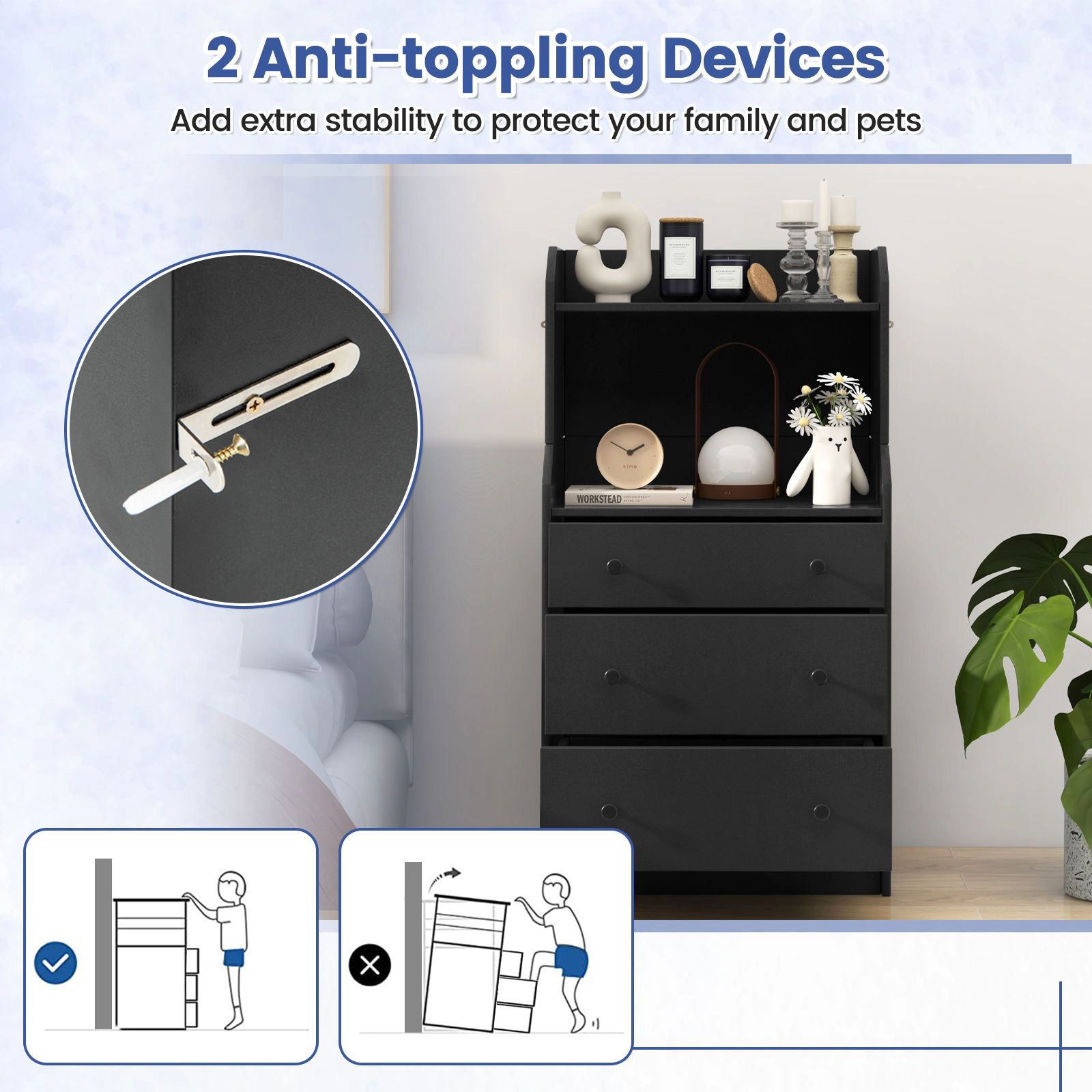 SlickBlue 3 Drawer Storage Dresser with Open Shelves for Bedroom