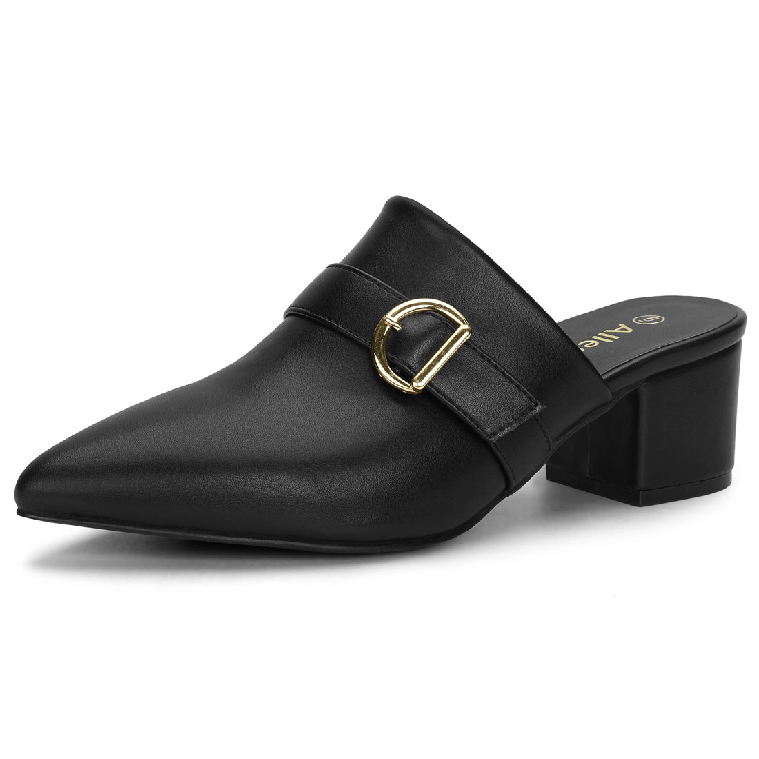 BLISSFUL STEP Women's Pointed Toe Slip on Chunky Heel Block Sandals Mules