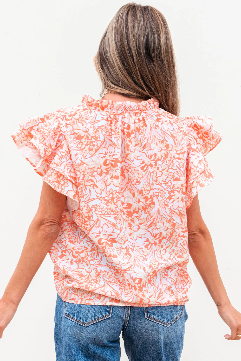 Threaded Pear Women's Nancy Floral Ruffle Sleeve Split Neck Blouse
