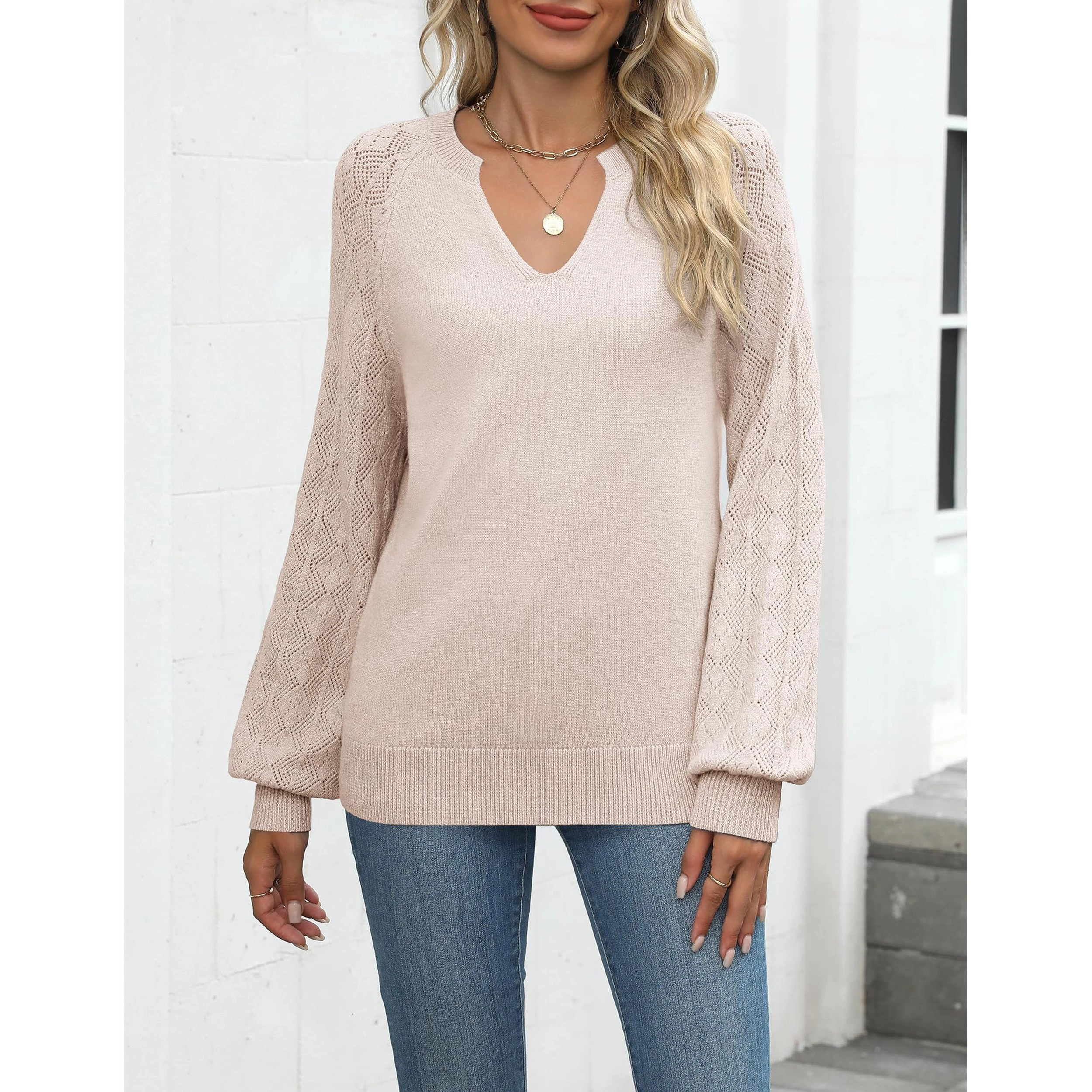 Zeagoo Women's V-Neck Long Sleeve Crochet Knit Loose Pullover