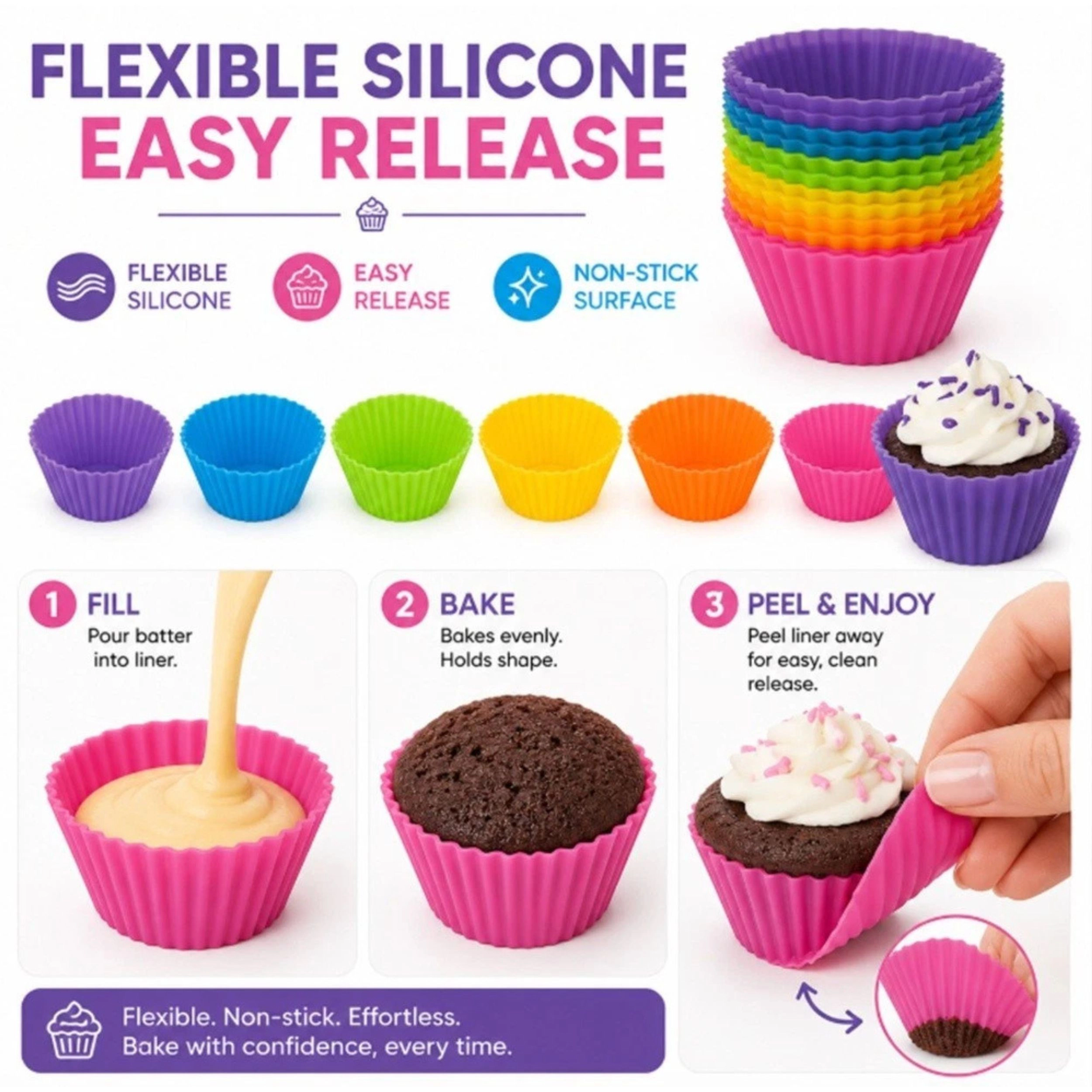Home Collection Pack of 12  Reusable Silicone Cupcake Liners Muffin Baking Cups