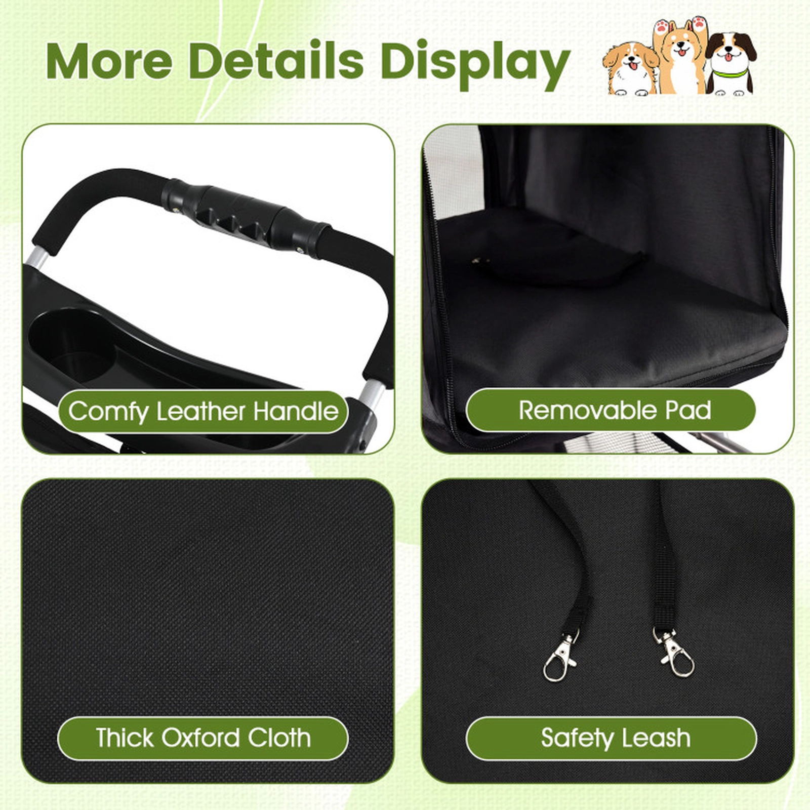 SUGIFT 3-Wheel Pet Stroller Pet Bed for Small Dogs and Cats 33-lb Capacity Black/Beige
