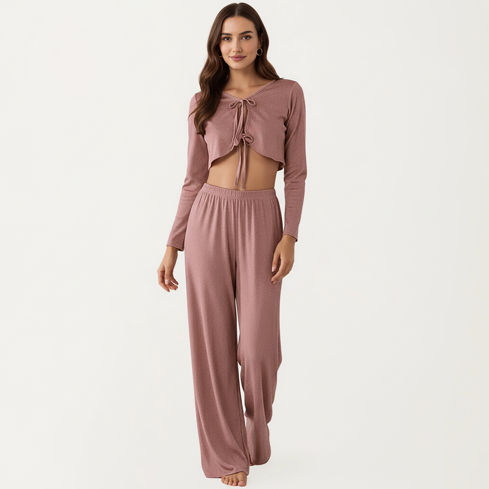 Anna-Kaci Women's Long Sleeve Pajama Set with Tie Front Cropped Top and Relaxed Fit High Waist Full-Length Lounge Pants