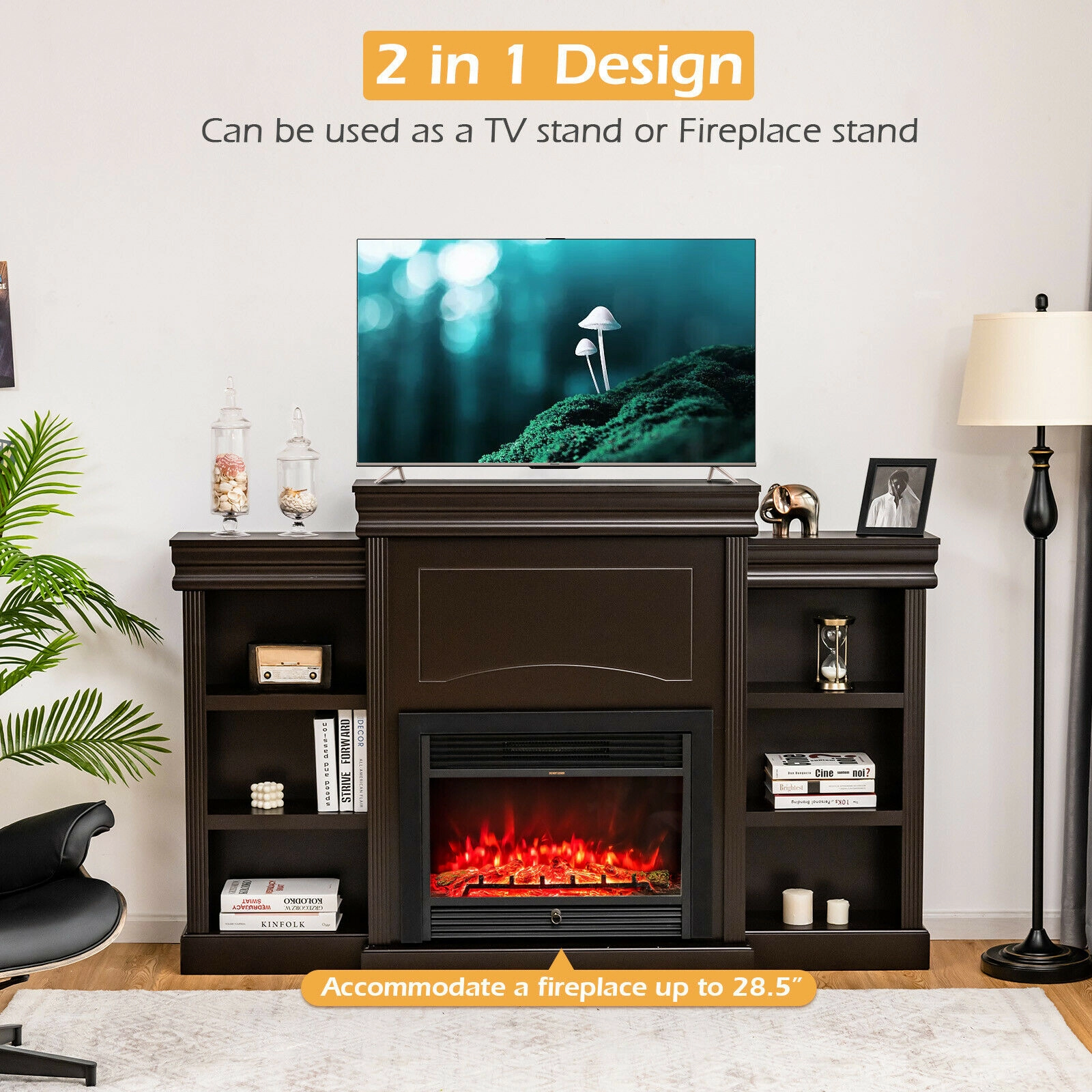 SUGIFT 70-Inch Brown TV Stand with Bookcase, 6 Open Shelves and 28.5-Inch Fireplace Opening