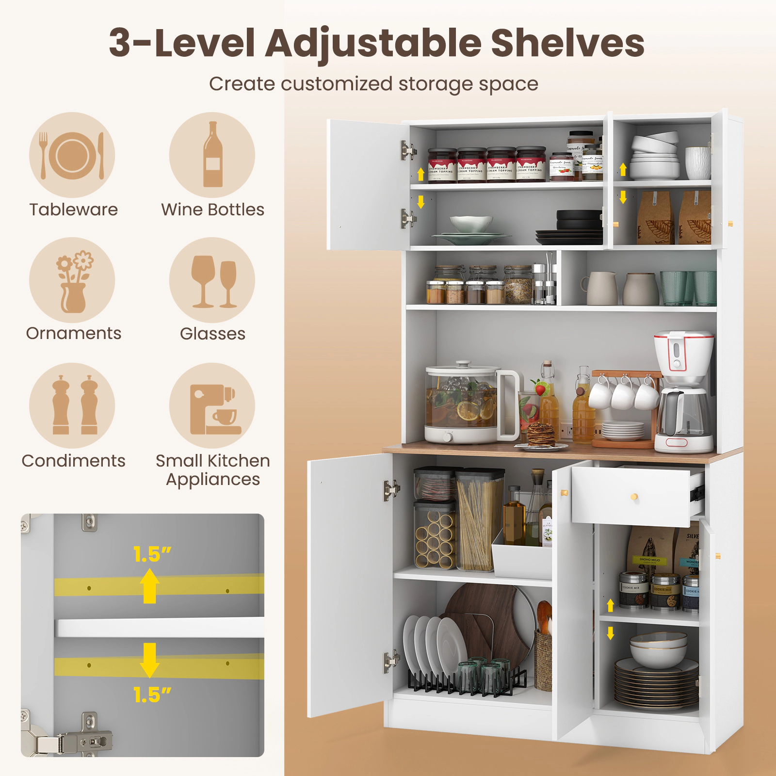 SUGIFT 71-in Tall 330-lb Countertop White Pantry Cabinet with 2 AC Outlets 2 USB Ports and Adjustable Shelves