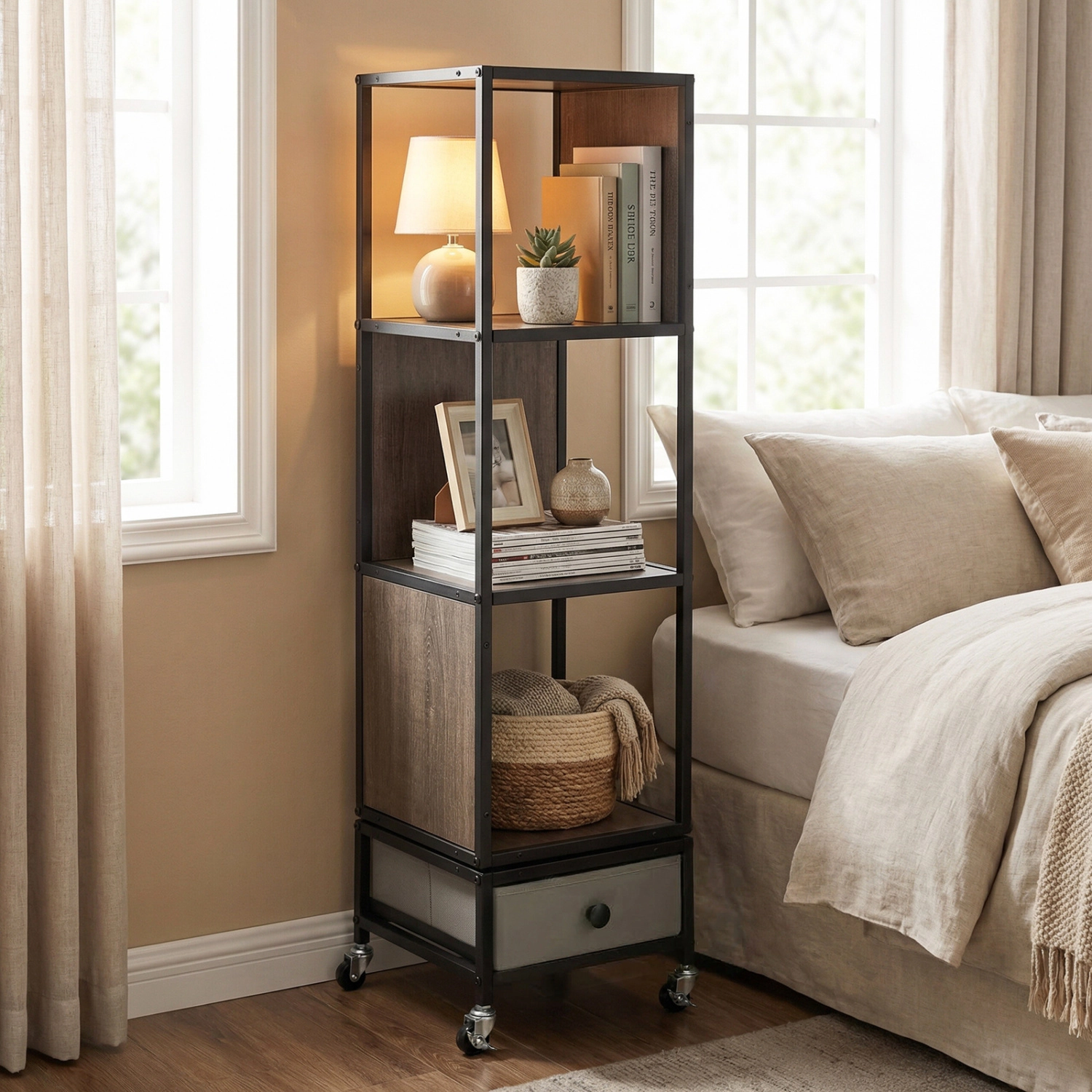LJG 4-Tier Rotating Bookshelf on Wheels with Removable Drawer