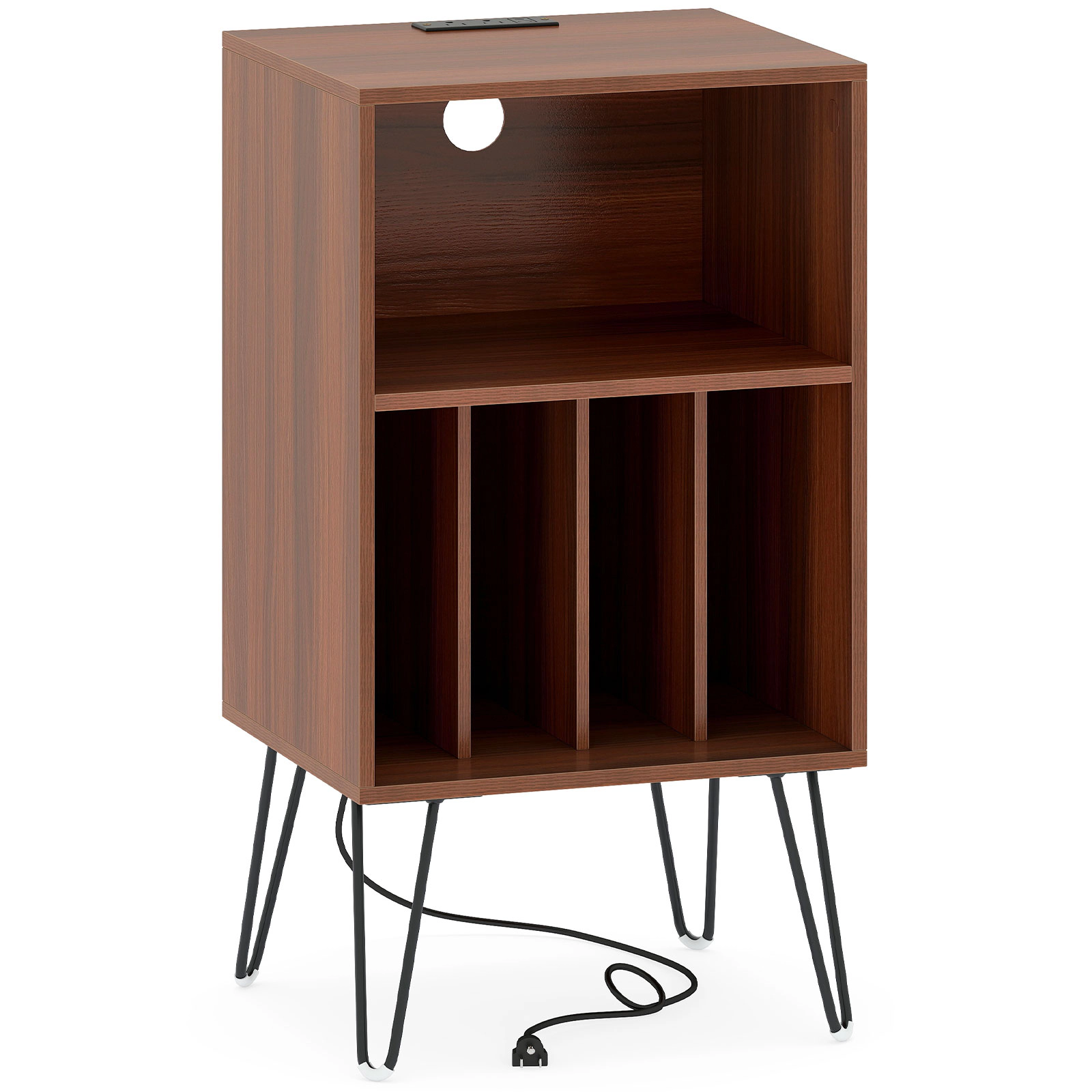 SUGIFT Walnut 3-Tier Record Player Stand with Vinyl Storage and Charging Station