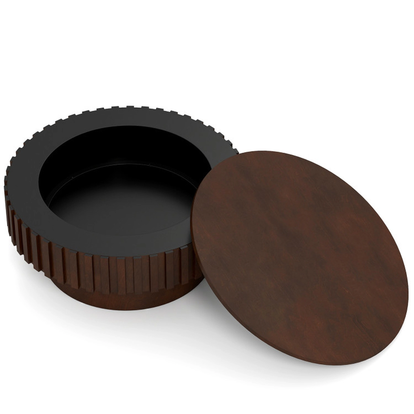 SUGIFT Round Fluted Drum Flip Top Hidden Storage Rubber Wood Coffee Table 31-in x 31-in x 14-in 265-lb Capacity Walnut