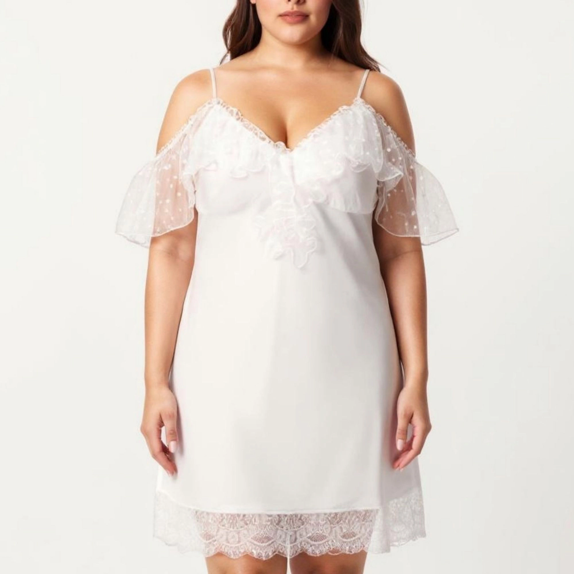Anna-Kaci Women's Plus Chiffon Chemise Ruffle Sleeve Lace Trim Nightgown Adjustable Strap Sleep Dress