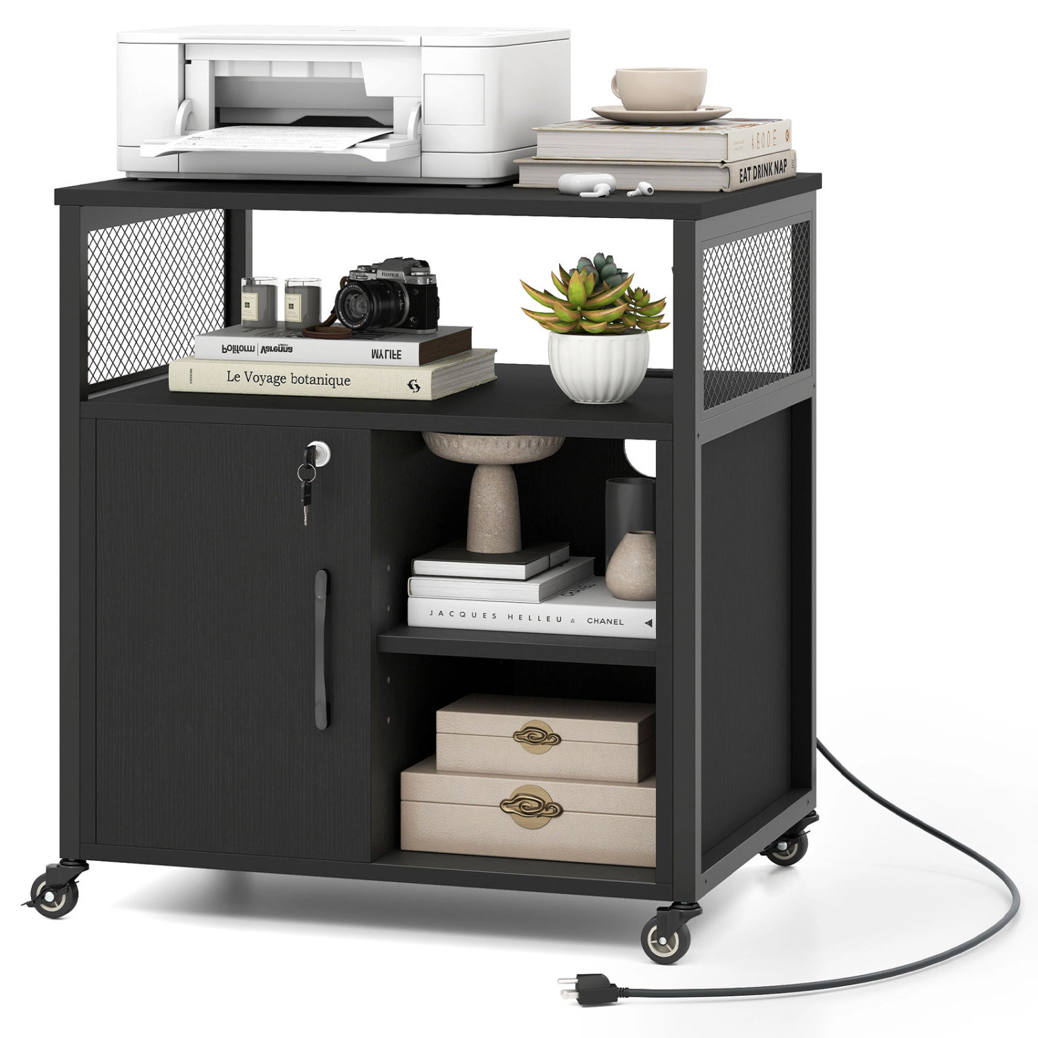 LJG File Cabinet on Wheels with Charging Station and Cable Management Hole