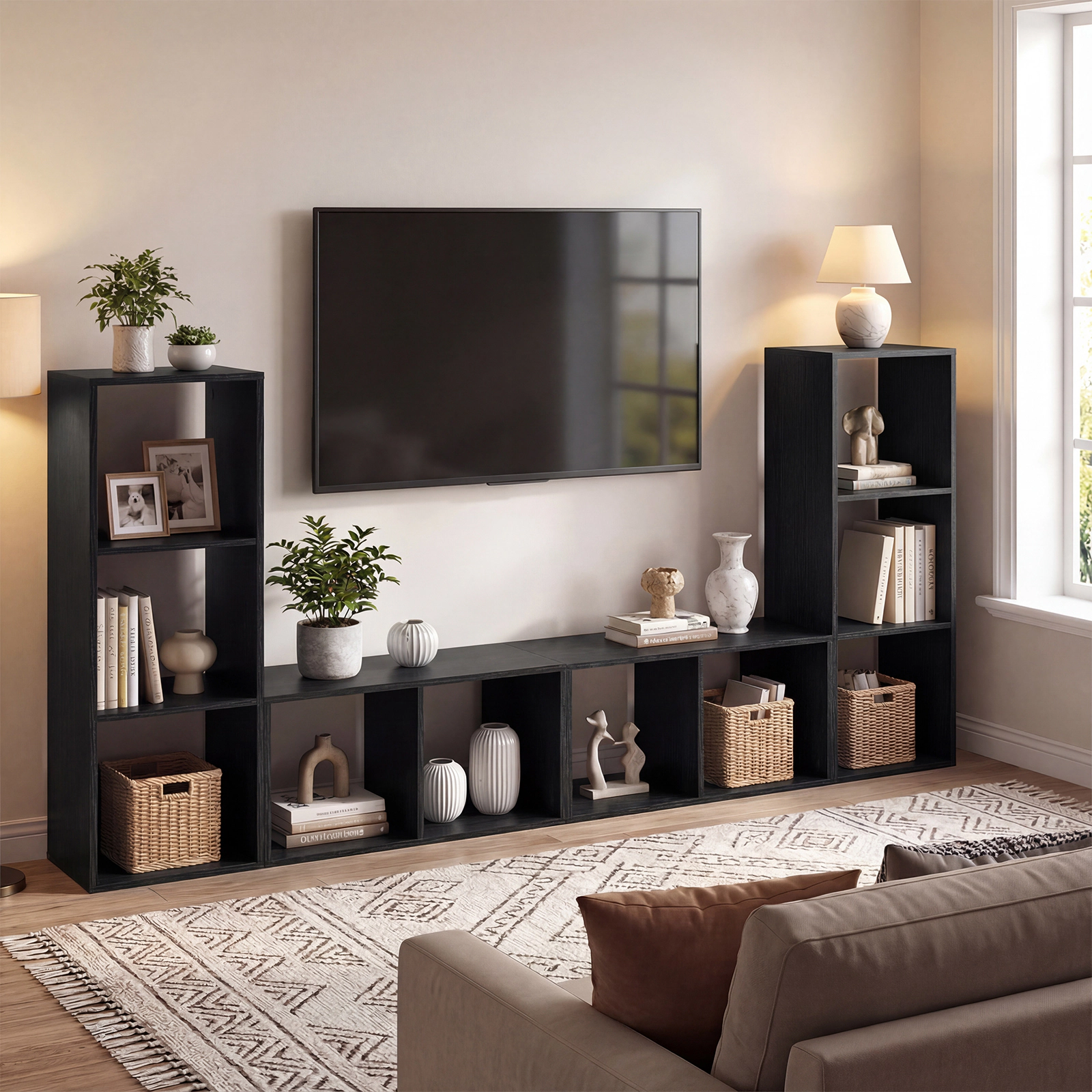SUGIFT 3-Cube Bookshelf 41 Tall with Back Guardrail and Anti-Tipping Features