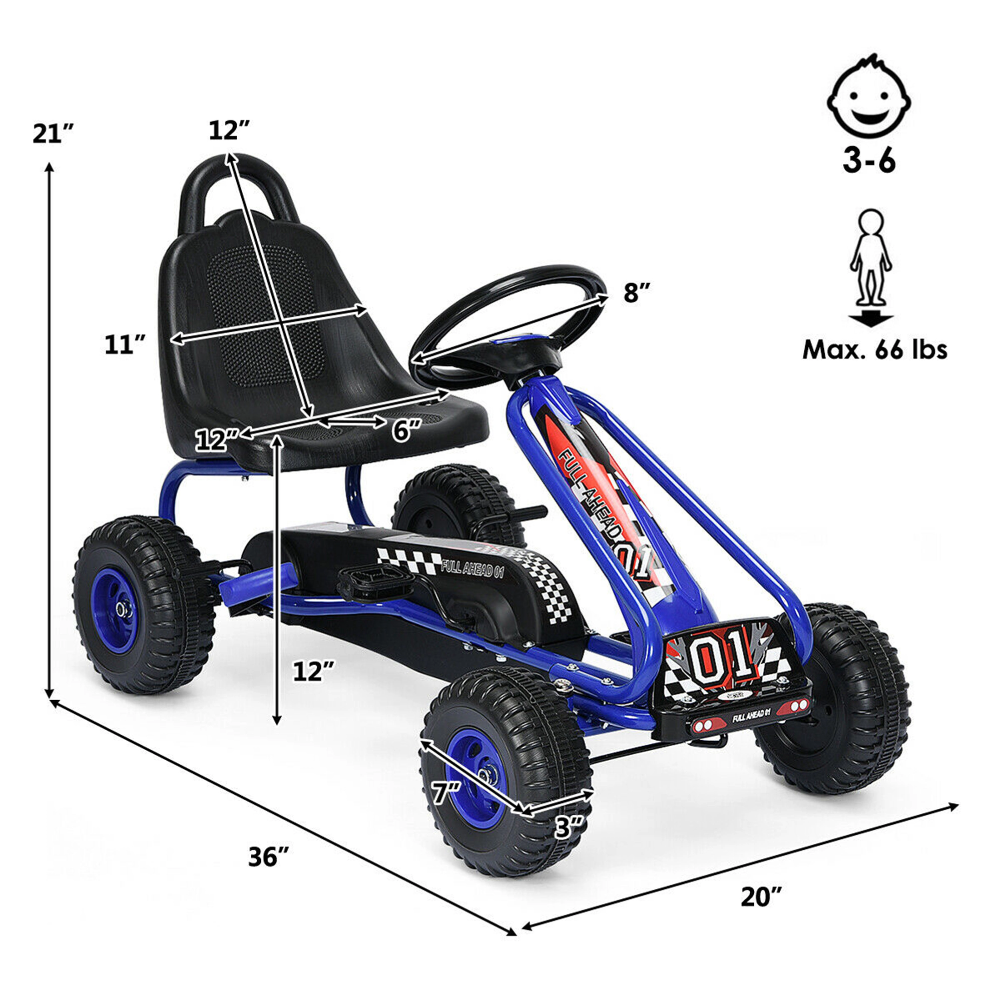 Costway Kids Pedal Go Kart 4 Wheel Ride On Toys w/ Adjustable Seat & Handbrake Red