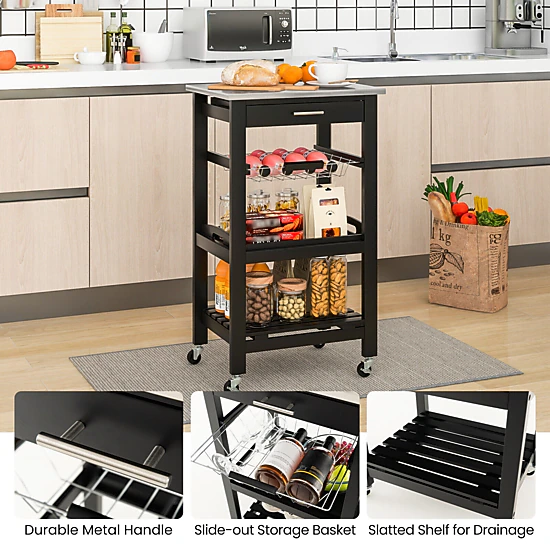 SUGIFT Black Kitchen Island Cart with Stainless Steel Top Wire Basket and Removable Tray 18.5-in W 14.5-in D