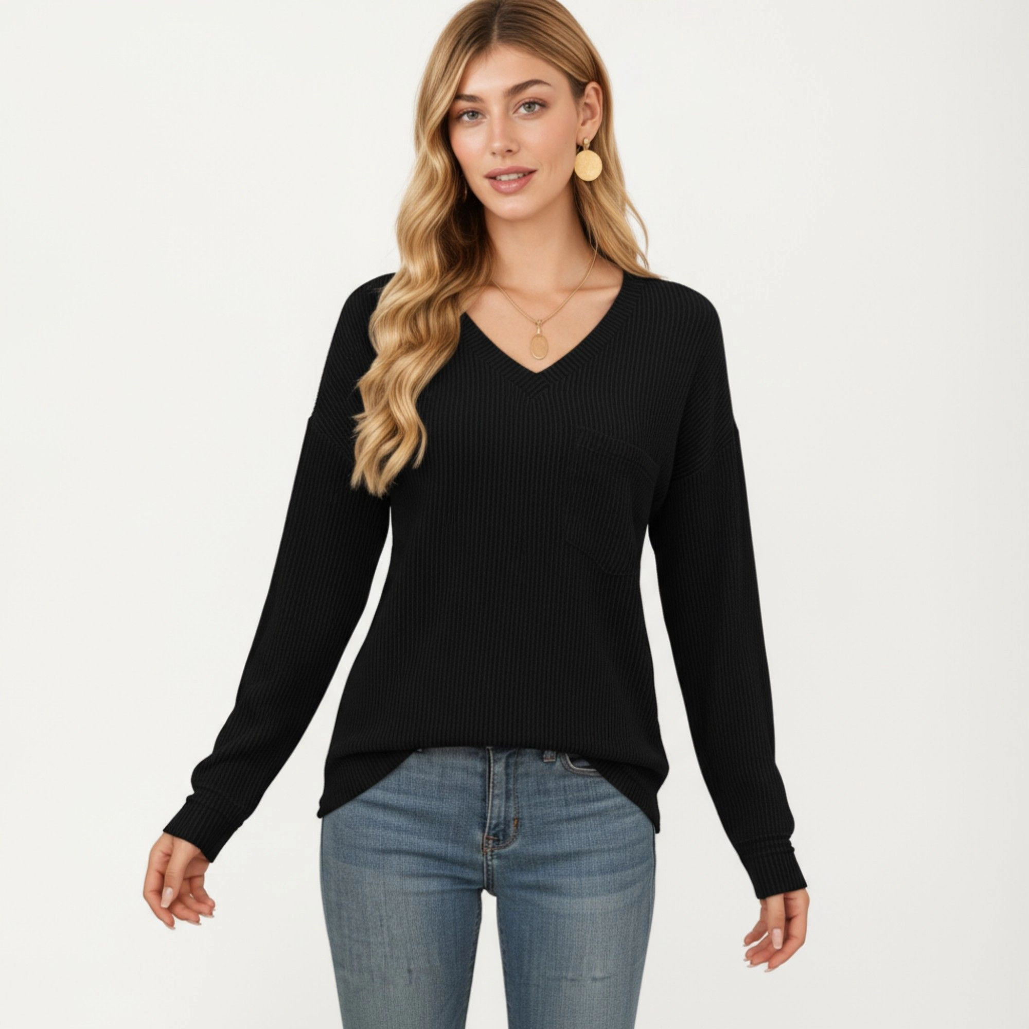 Anna-Kaci Women's V-Neck Long Sleeve Knit Top with Chest Pocket and Relaxed Fit