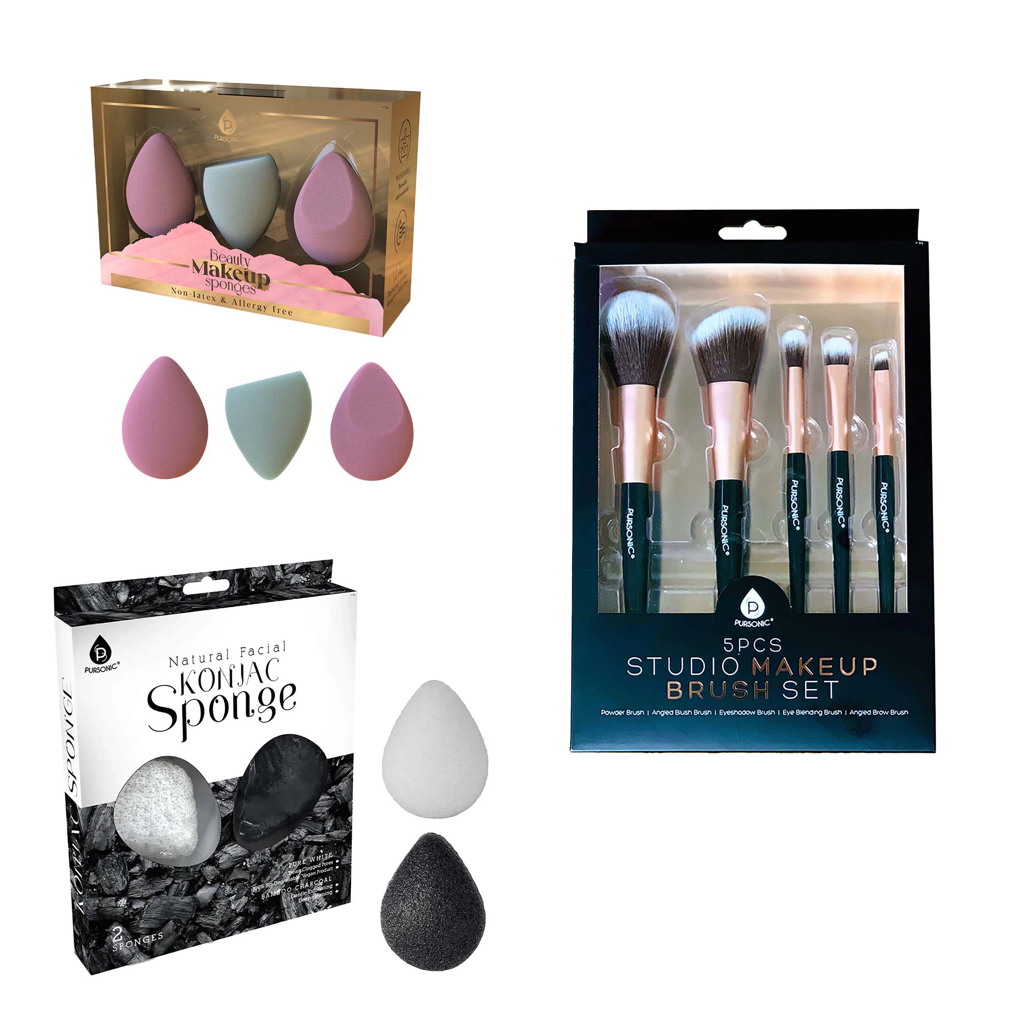 Pursonic Women's Beauty Care Bundle: Multi-Shape Makeup Sponges, Konjac Sponge Duo & 5-Piece Brush Set