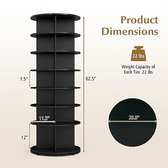 SUGIFT 7-Tier 360° Rotating Shoe Rack Tower Freestanding Spinning Shoe Organizer 22-lb Per Tier Black