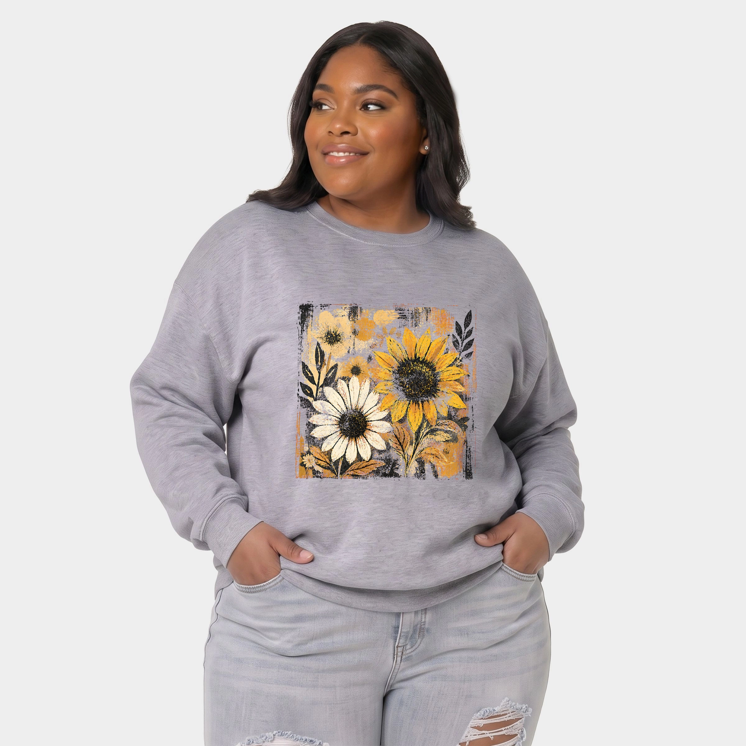 Simply Sage Market - Women's Plus Sized Graphic Sweatshirt Fall Sunflowers Distressed