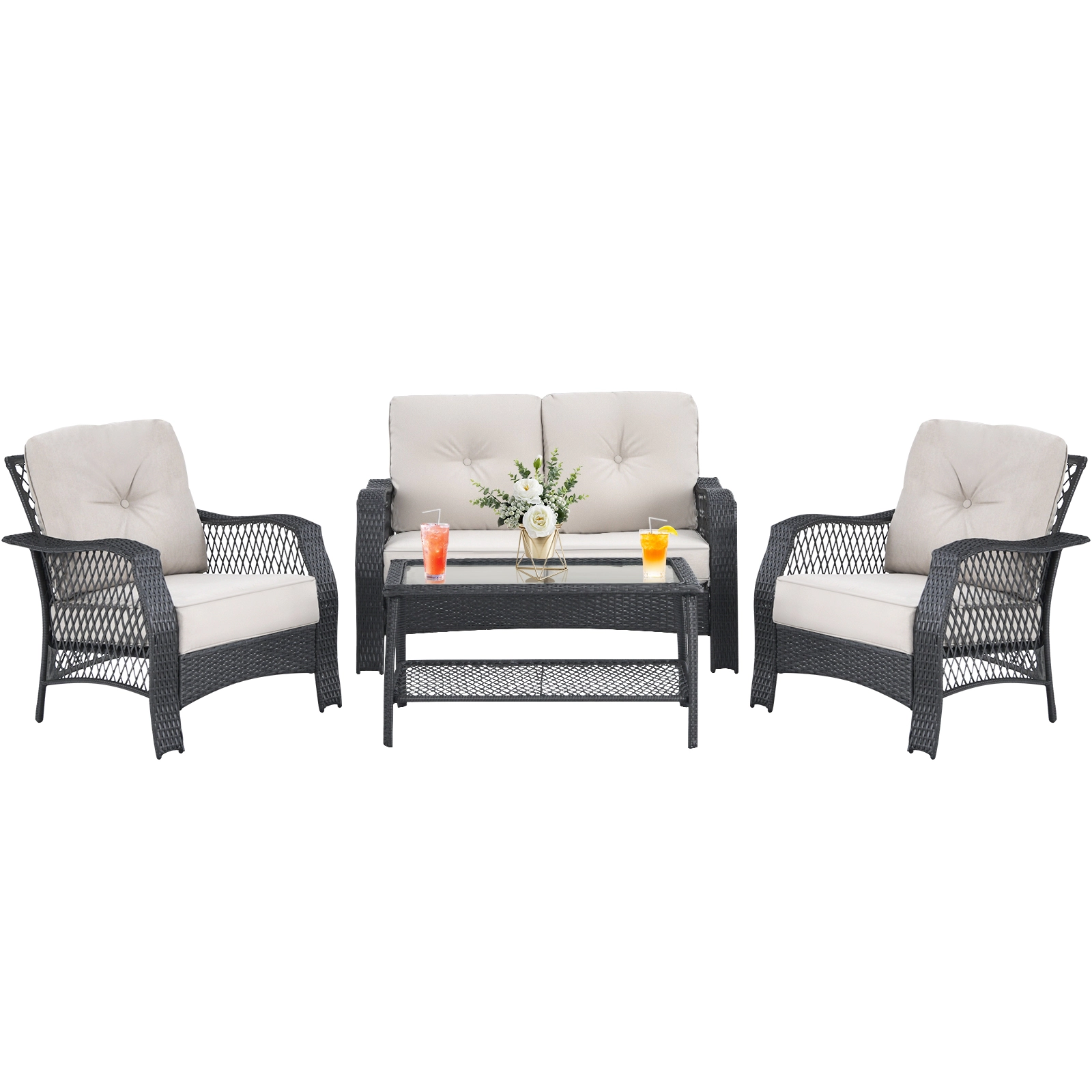 LJG 4 Pieces Patio Wicker Furniture Set Loveseat Sofa Coffee Table with Cushion