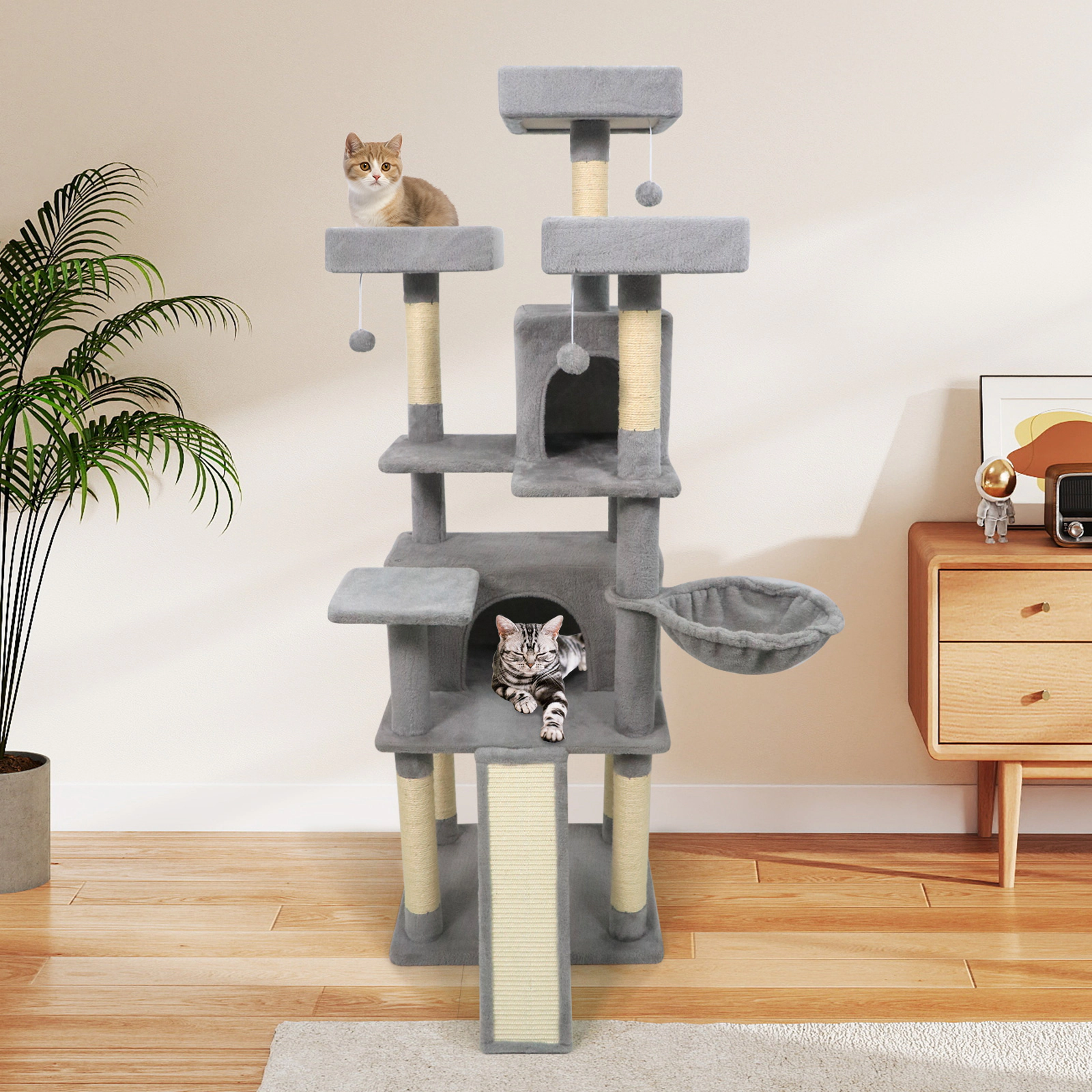 SUGIFT 65-in Tall Multi-level Cat Tree with 3 Upholstered Perches and 2 Cat Condos Light Gray