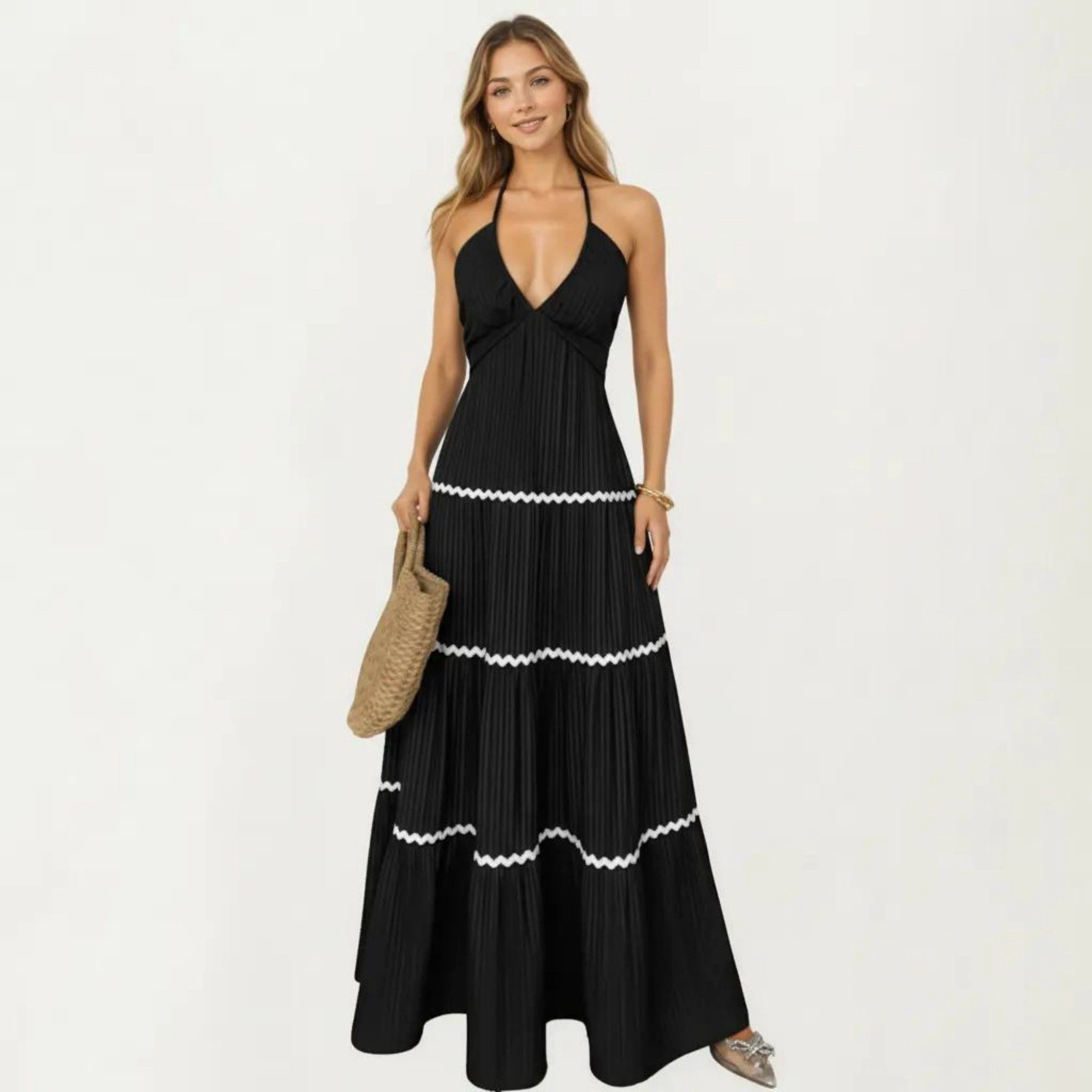 Anna-Kaci Womens Sleeveless Halter Neck Pleated Maxi Dress with Tiered Skirt