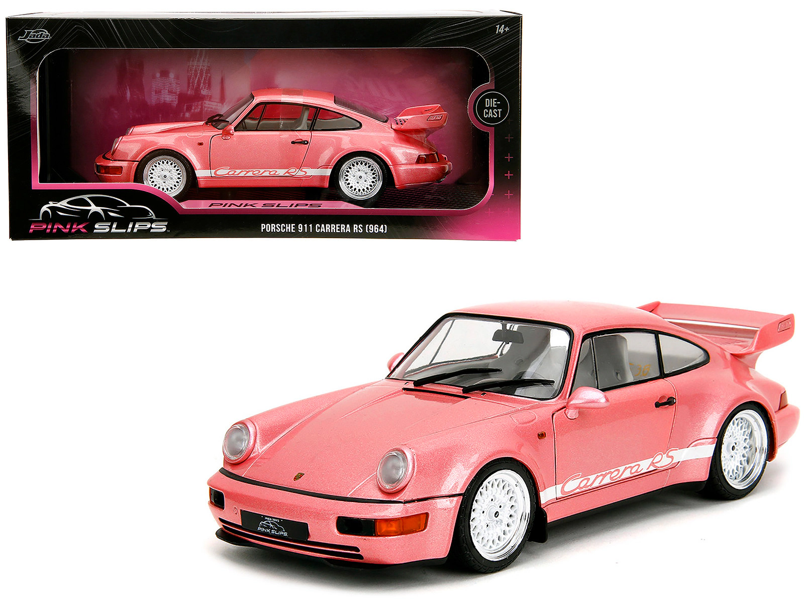 Jada Porsche 911 Carrera RS (964) Pink Metallic with White Stripes "Pink Slips" Series 1/18 Diecast Model Car by Jada