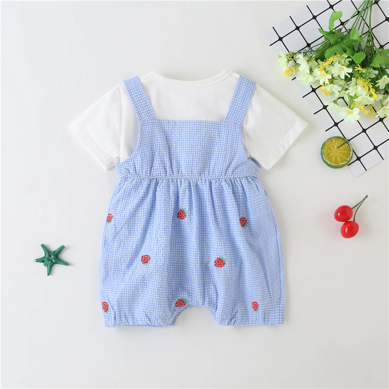 MyKids-USA Baby Girl Plaid Graphic Strawberries Embroidery Snap Button Jumpsuit & Solid Tee Sets