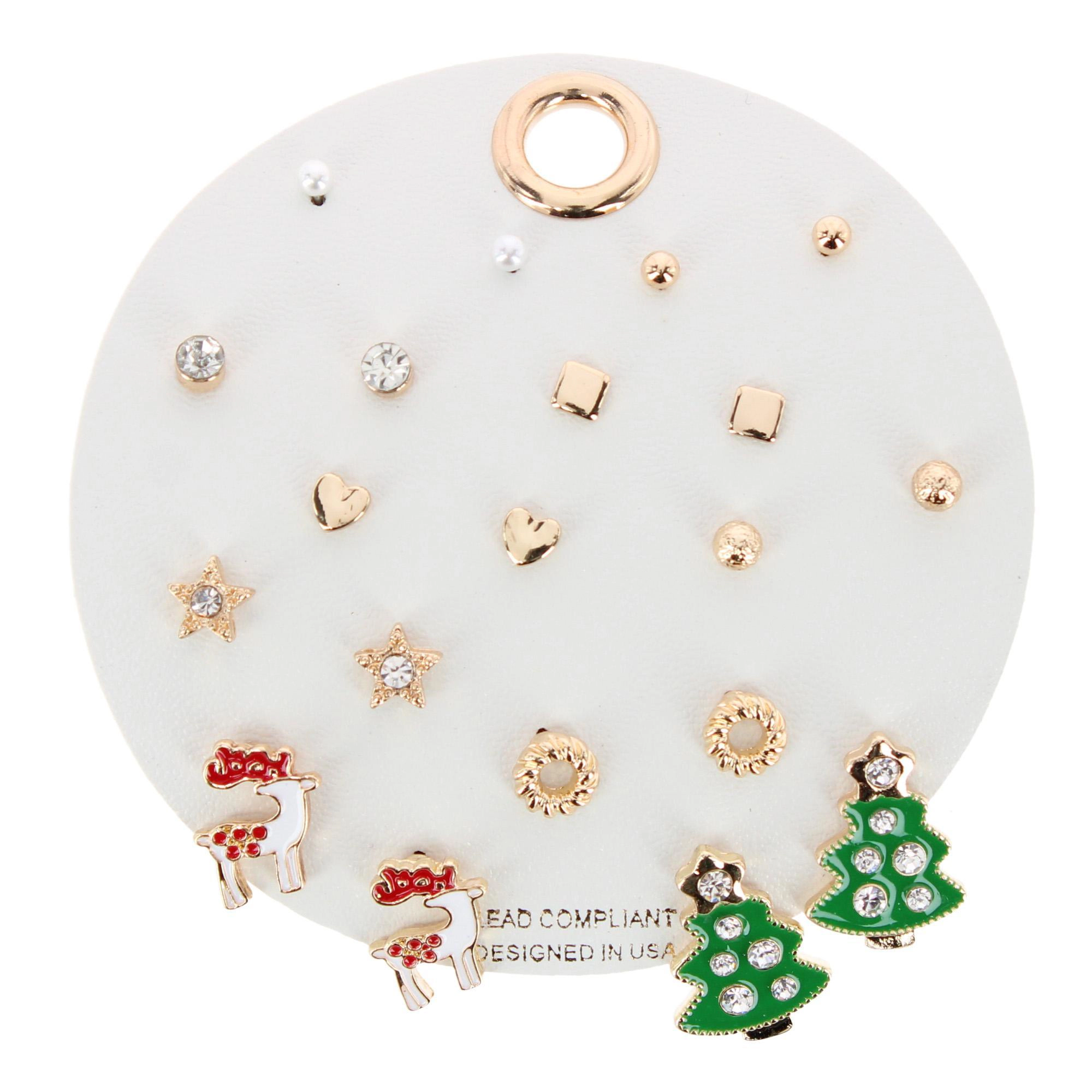 CTM Women's 10-Pair Christmas Stud Earring Set Gold Finish Holiday Collection