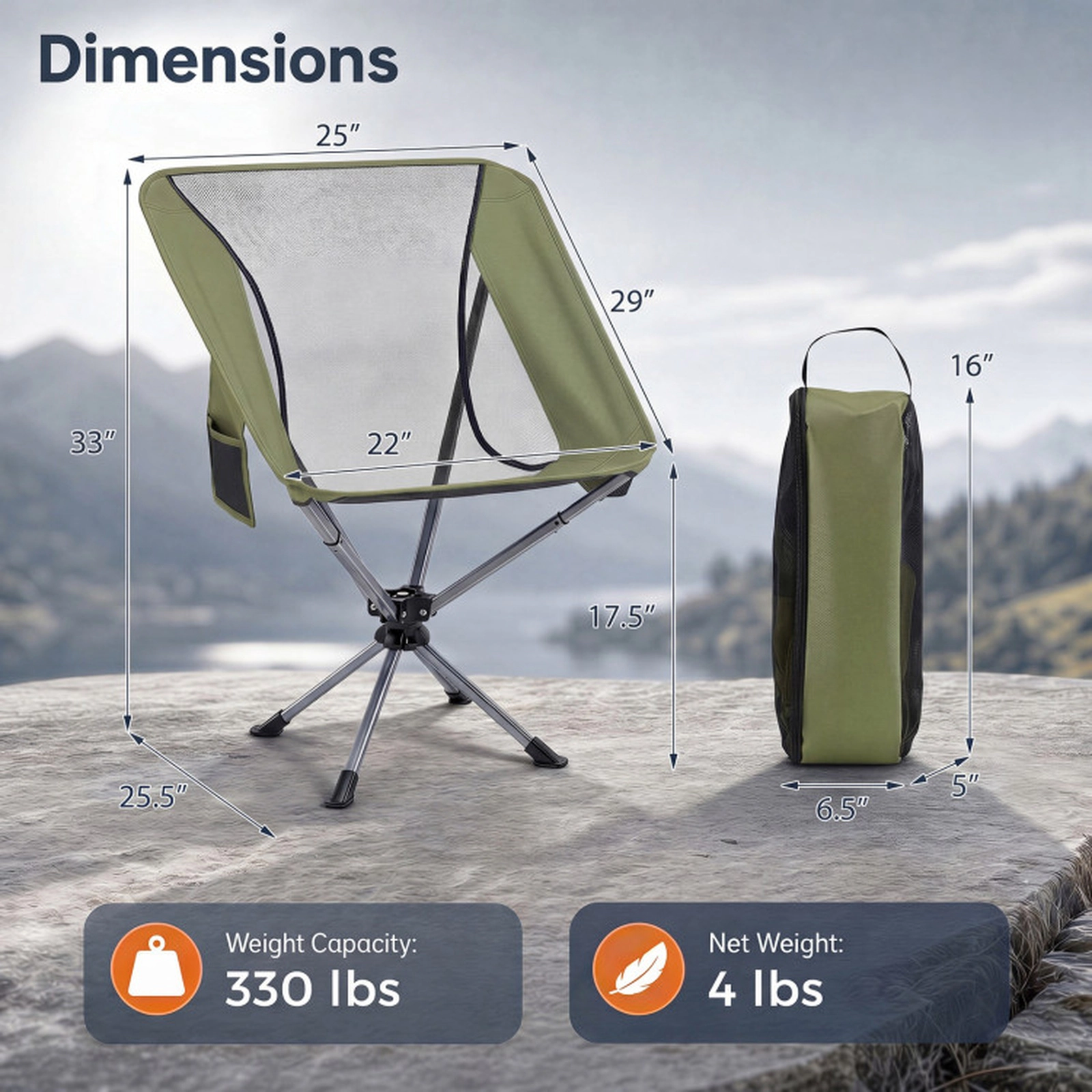 SUGIFT 360° Swivel Camping Chair with Cup Holder and Side Pocket 330-lb Capacity 17.5-in Seat Height Green